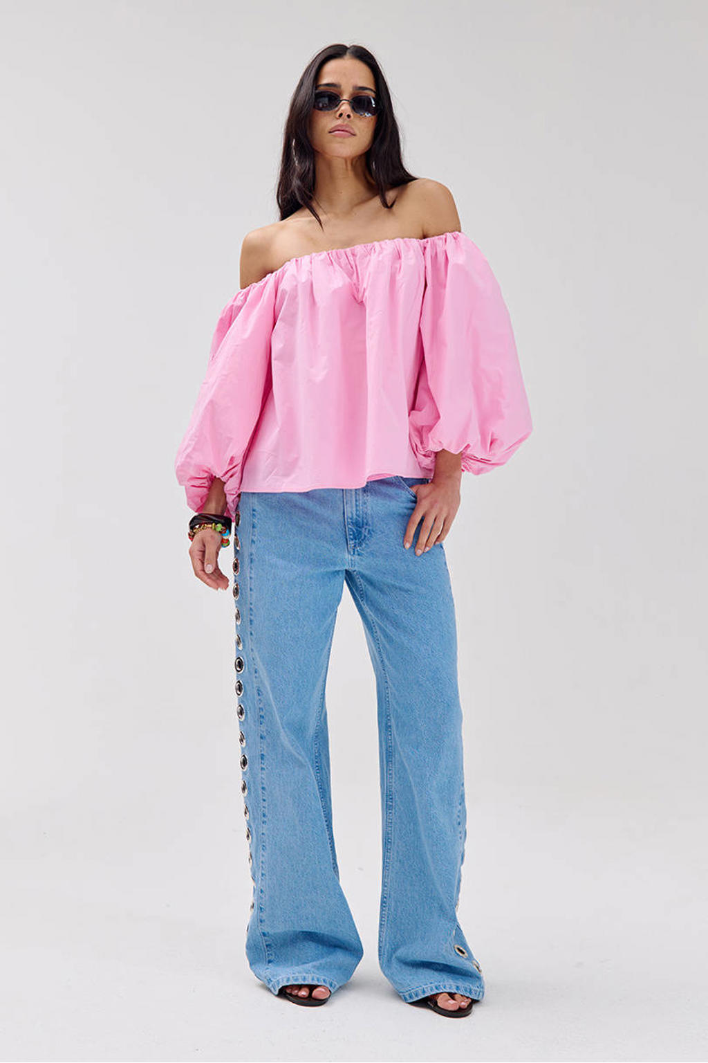 Roze dames HARPER & YVE top met effen, driekwart mouwen en off shoulder hals