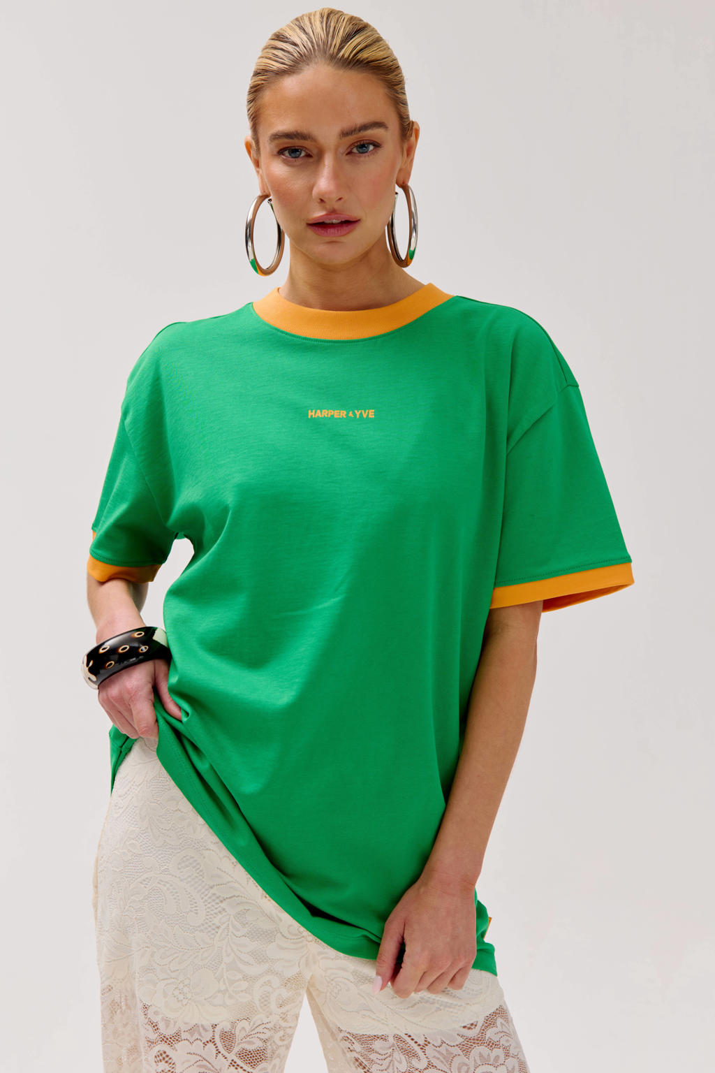 Groene dames HARPER & YVE T-shirt van katoen met backprint, korte mouwen en ronde hals