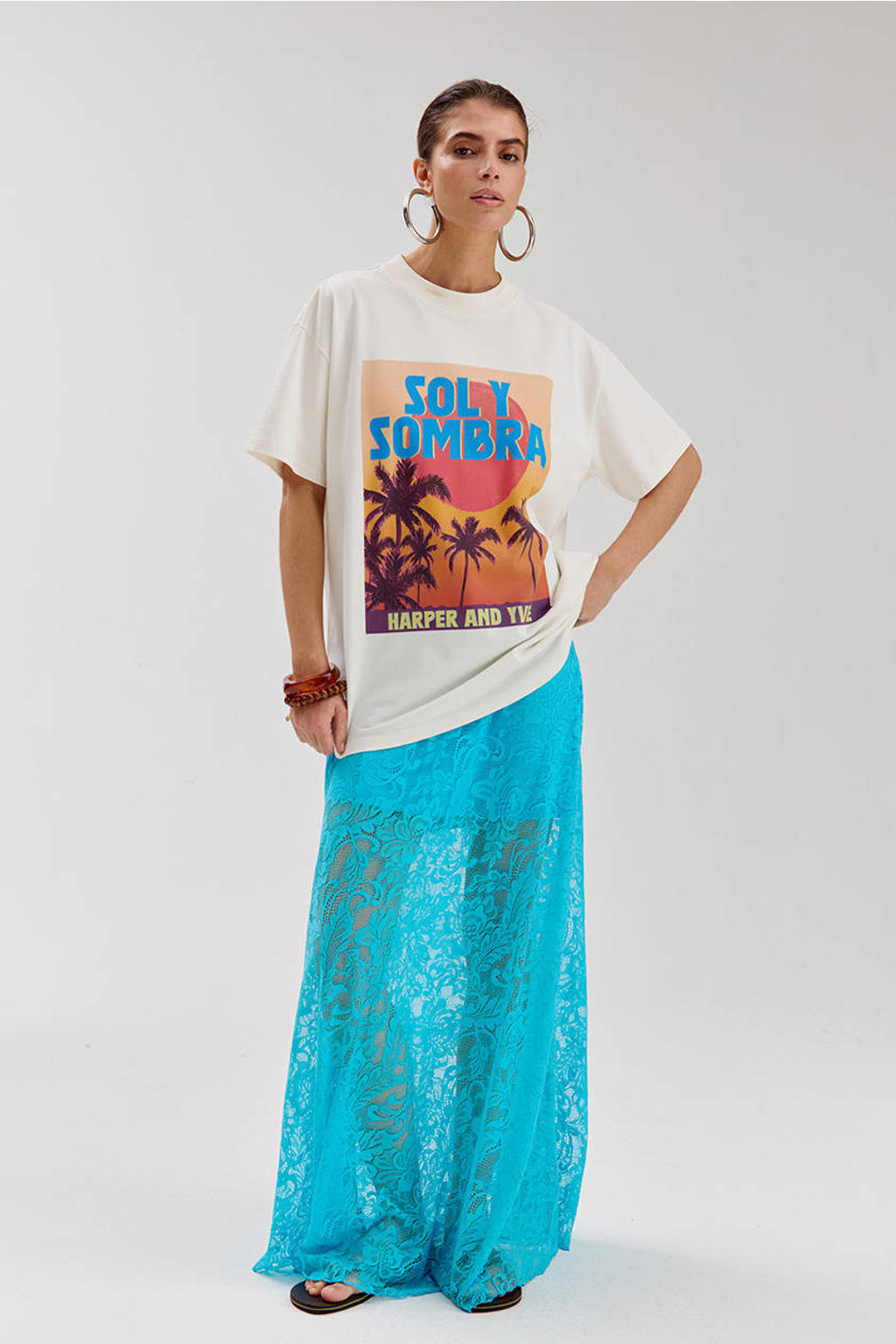 Wit en blauwe dames HARPER & YVE T-shirt van katoen met backprint, korte mouwen en ronde hals