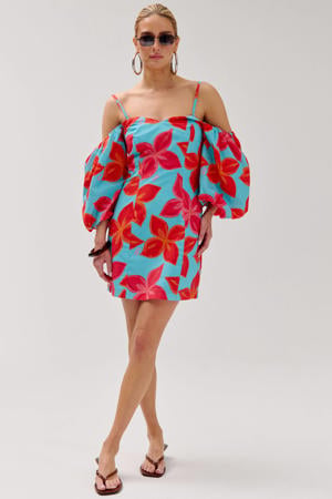 gebloemde off shoulder jurk blauw
