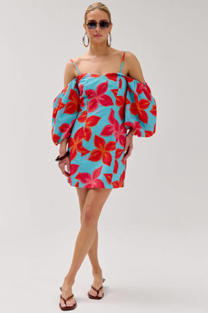 gebloemde off shoulder jurk blauw
