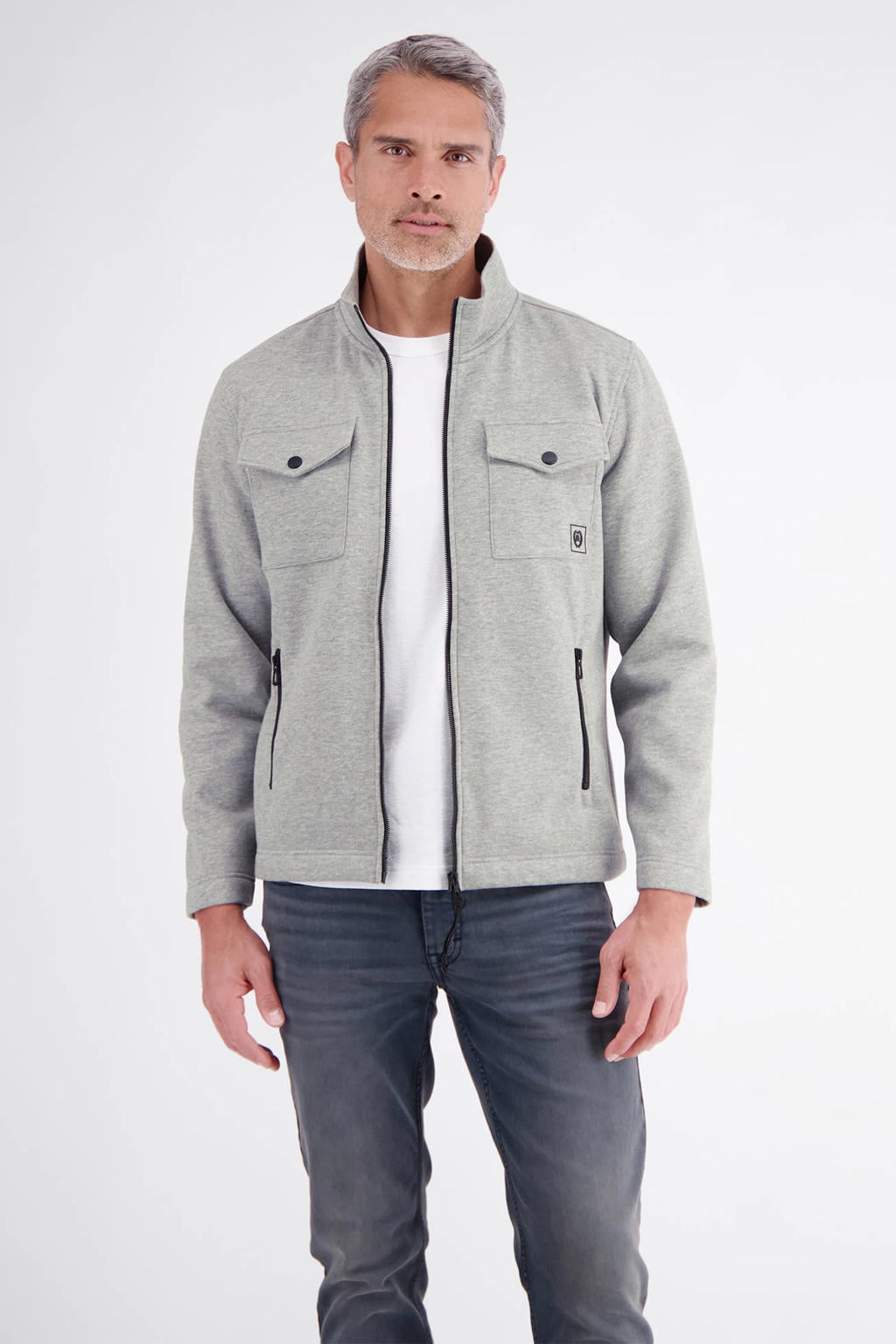 Grijze heren LERROS sweatvest met effen, lange mouwen, opstaande kraag en ritssluiting