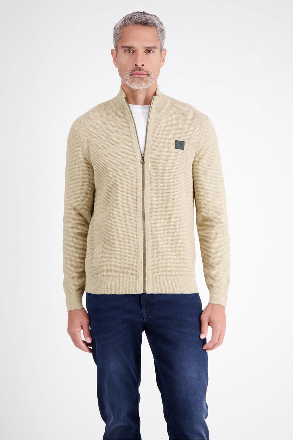 Beige heren LERROS katoenen gebreid vest met melée print, lange mouwen, opstaande kraag en ritssluiting
