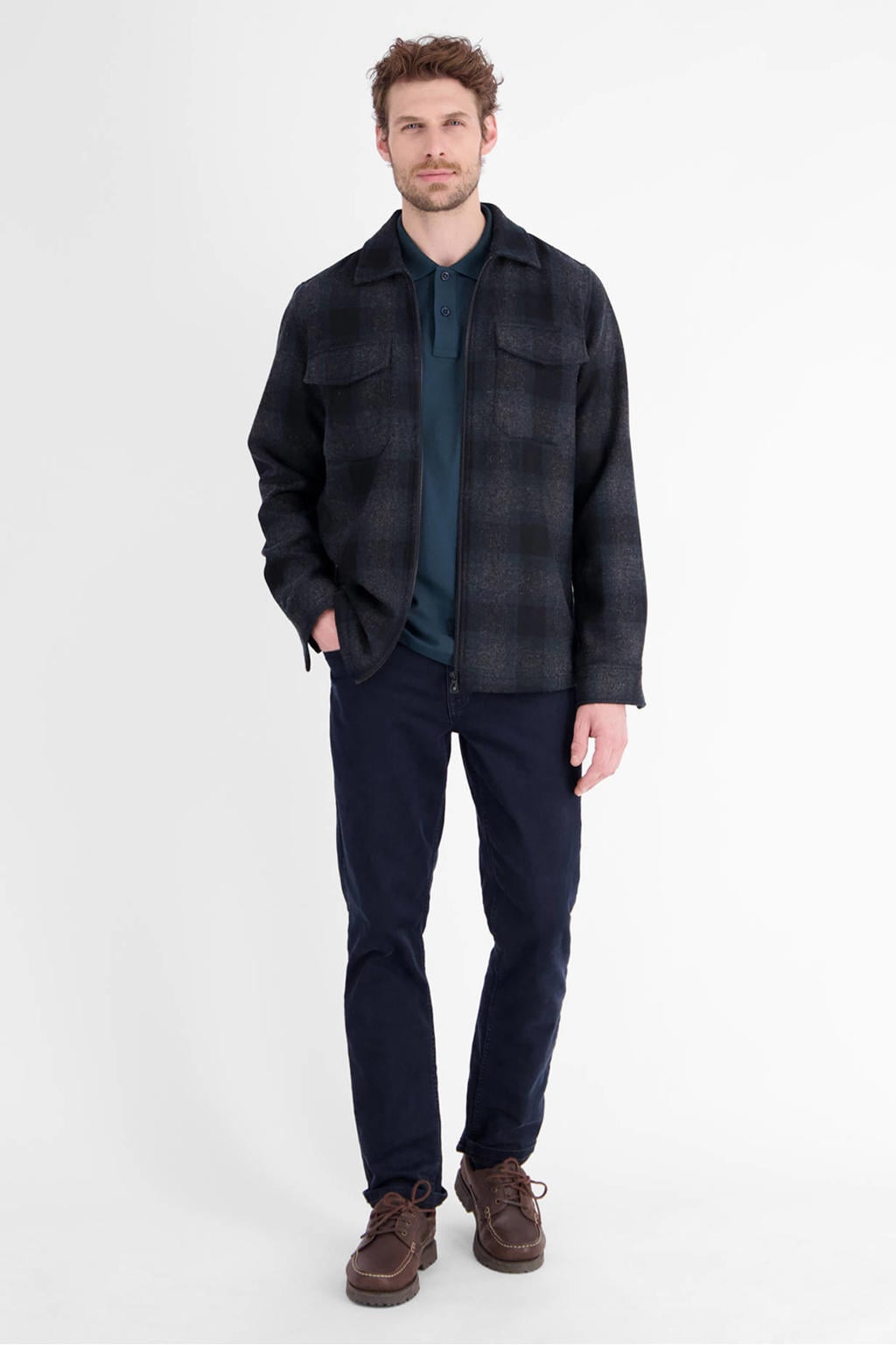 Donkerblauwe heren LERROS regular fit overshirt en wol met lange mouwen en klassieke kraag