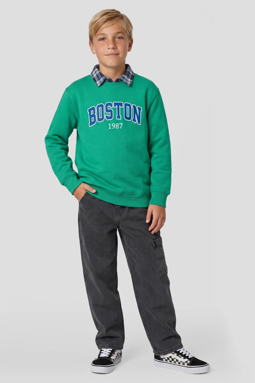 Groene jongens Me & My Monkey sweater van katoen met tekst print, lange mouwen en ronde hals