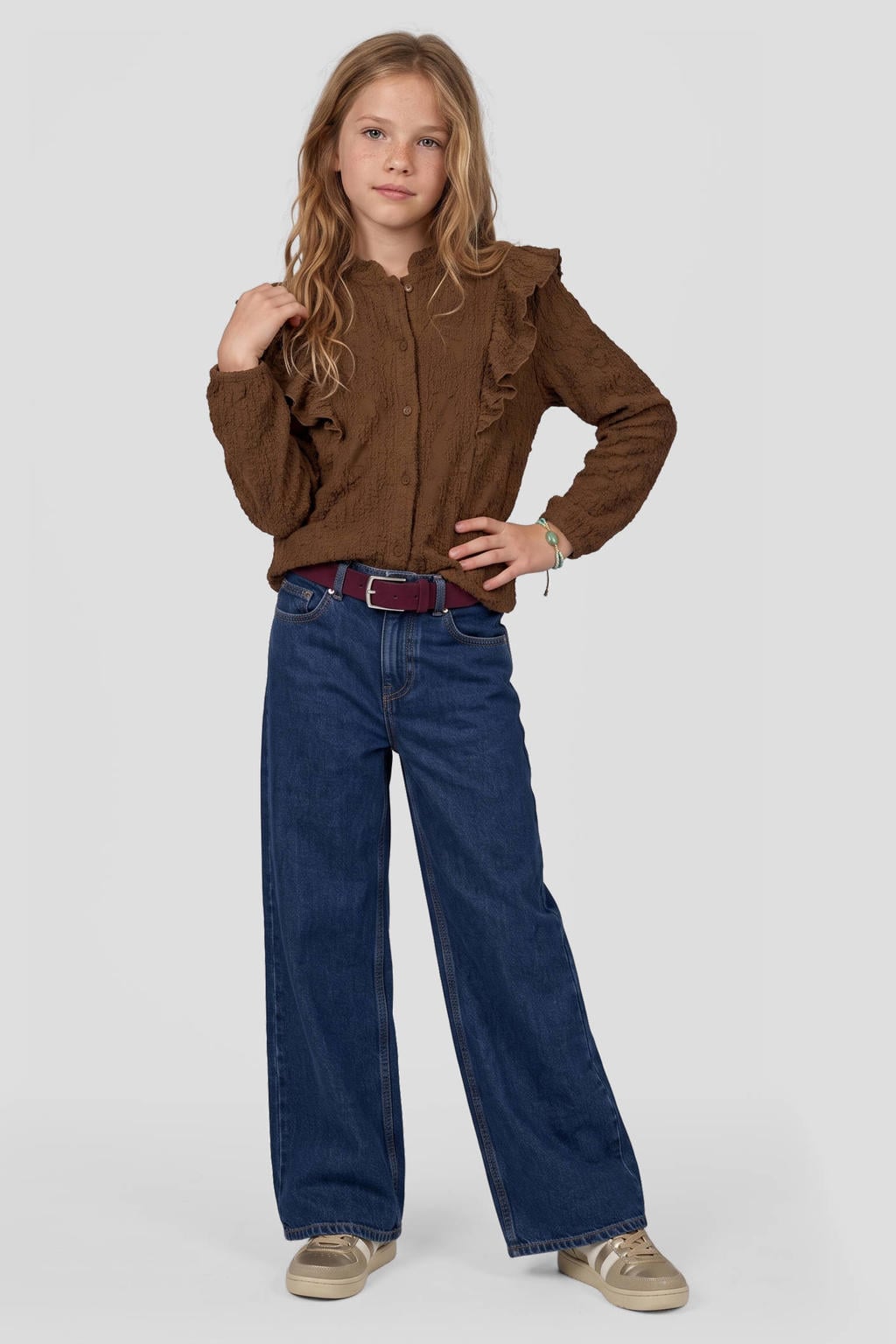 Donkerblauwe meisjes Me & My Monkey rechtvallende blouse van stretchkatoen met lange mouwen, opstaande kraag, knoopsluiting en ruches