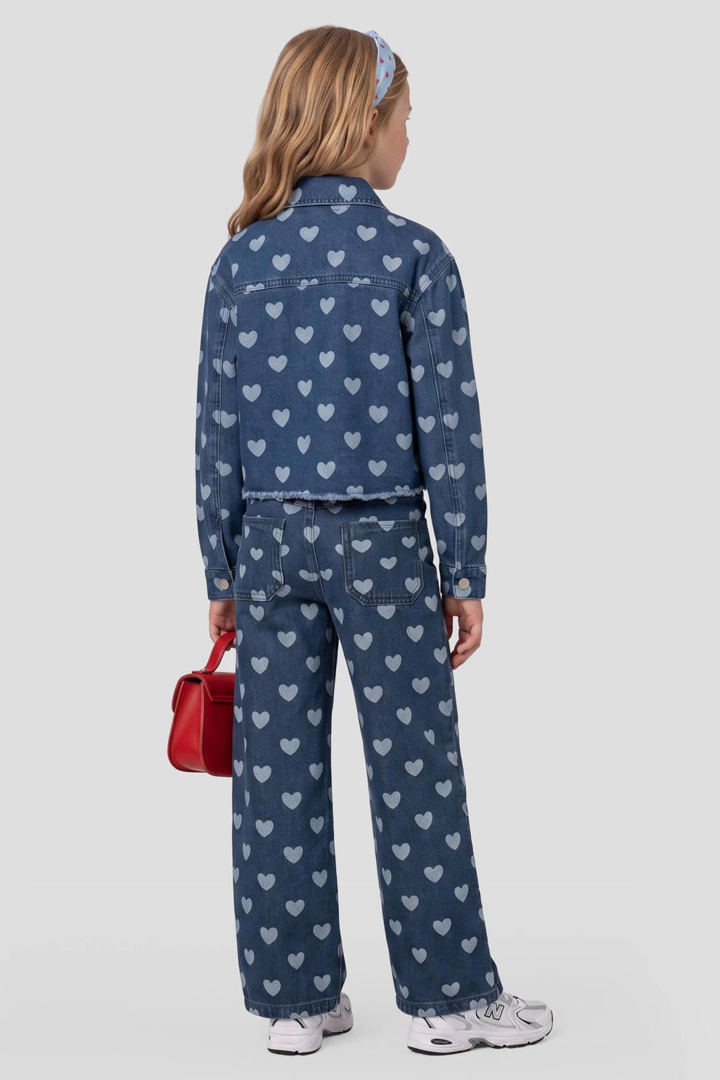Donkerblauw en lichtblauwe meisjes Me & My Monkey spijkerjas van denim met hartjesprint, lange mouwen, klassieke kraag en drukknoopsluiting