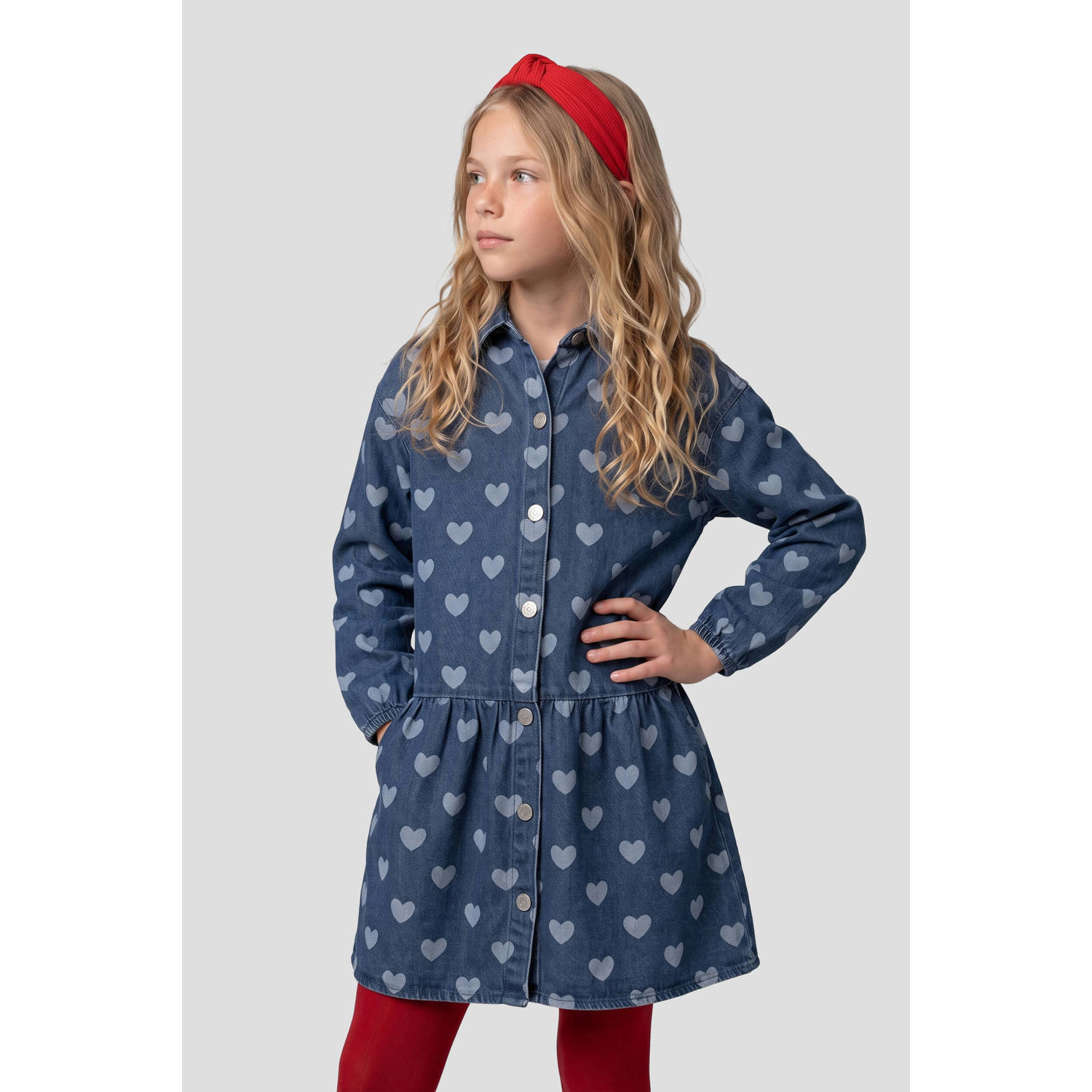 Me & My Monkey spijkerjurk met hartjes en plooien donkerblauw