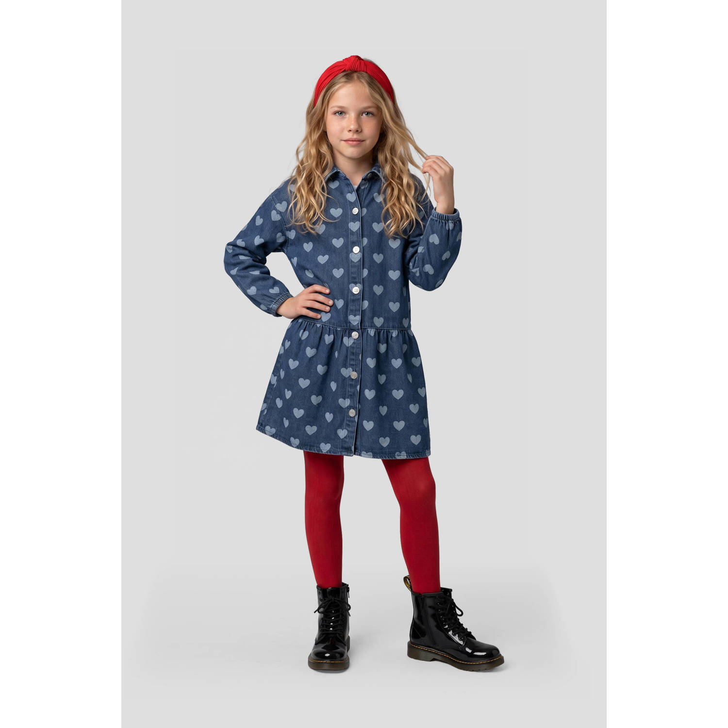 Me & My Monkey spijkerjurk met hartjes en plooien donkerblauw