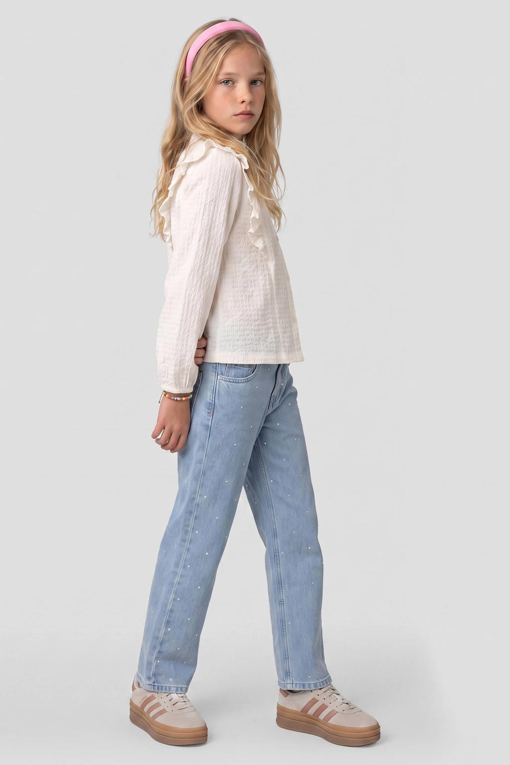 Ecru meisjes Me & My Monkey rechtvallende blouse van stretchkatoen met lange mouwen, opstaande kraag, knoopsluiting en ruches
