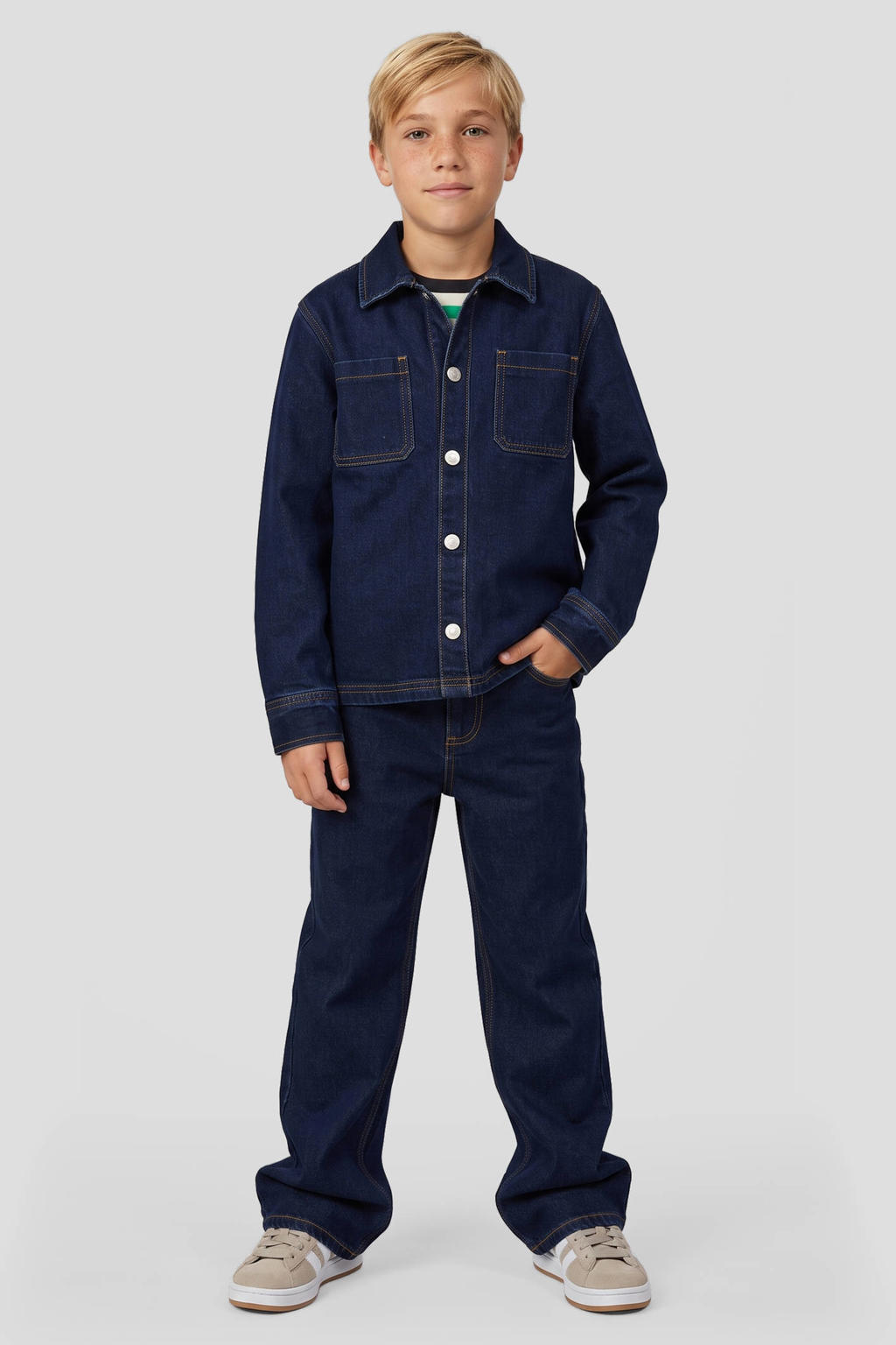 Donkerblauwe jongens Me & My Monkey overshirt van stretchdenim met lange mouwen, klassieke kraag en drukknoopsluiting