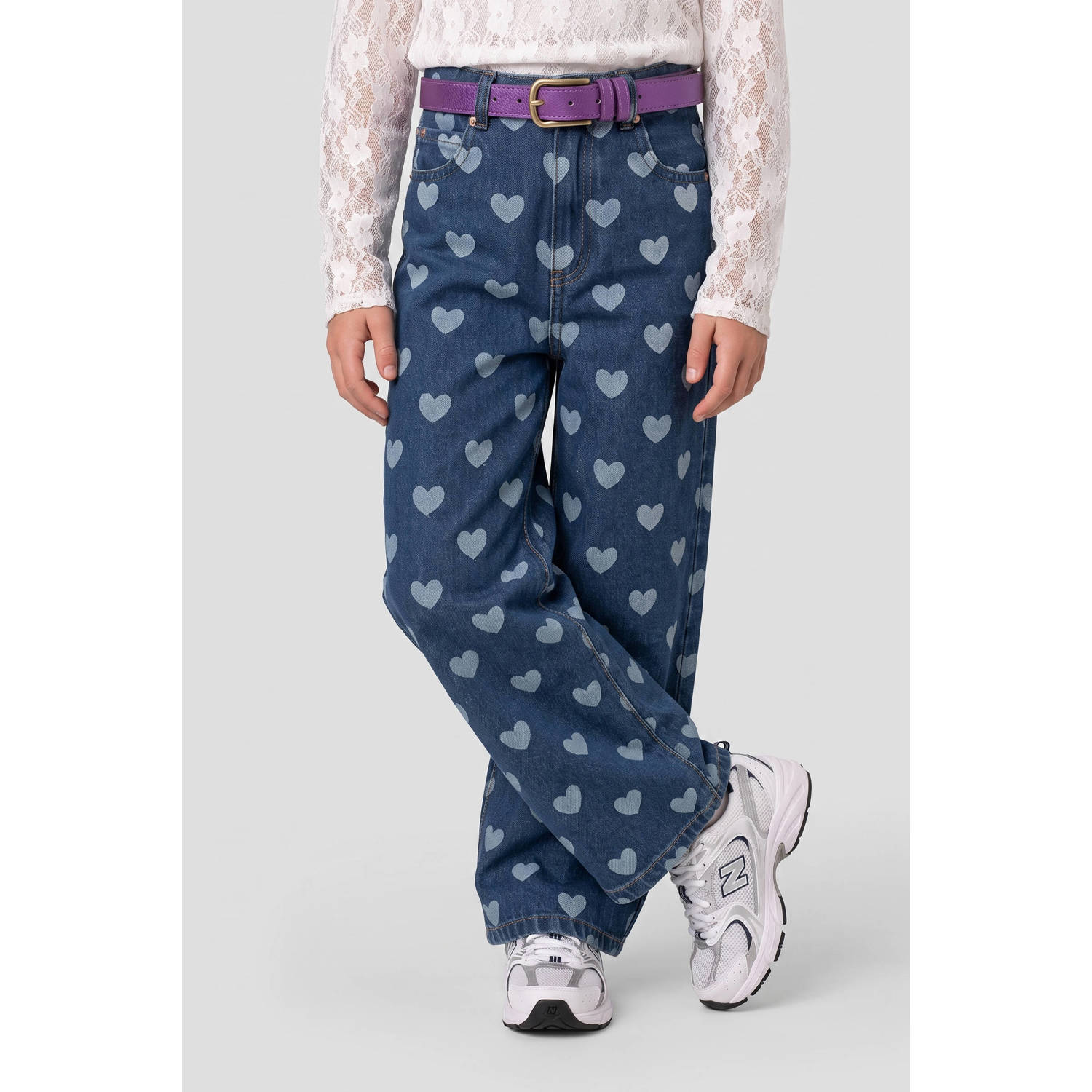 Me & My Monkey loose fit jeans met hartjes donkerblauw
