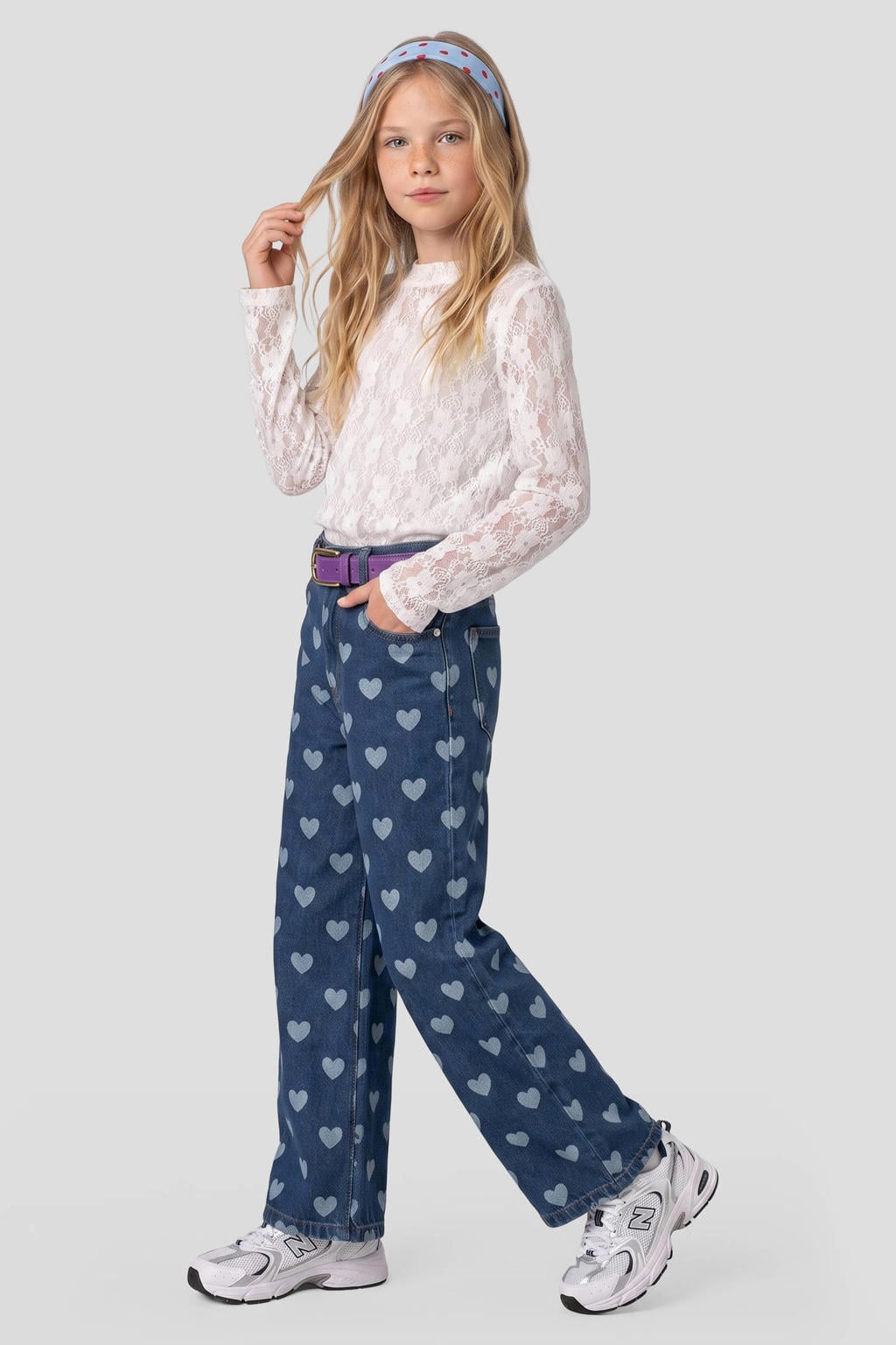 Donkerblauwe meisjes Me & My Monkey loose fit jeans van denim met regular waist en hartjesprint