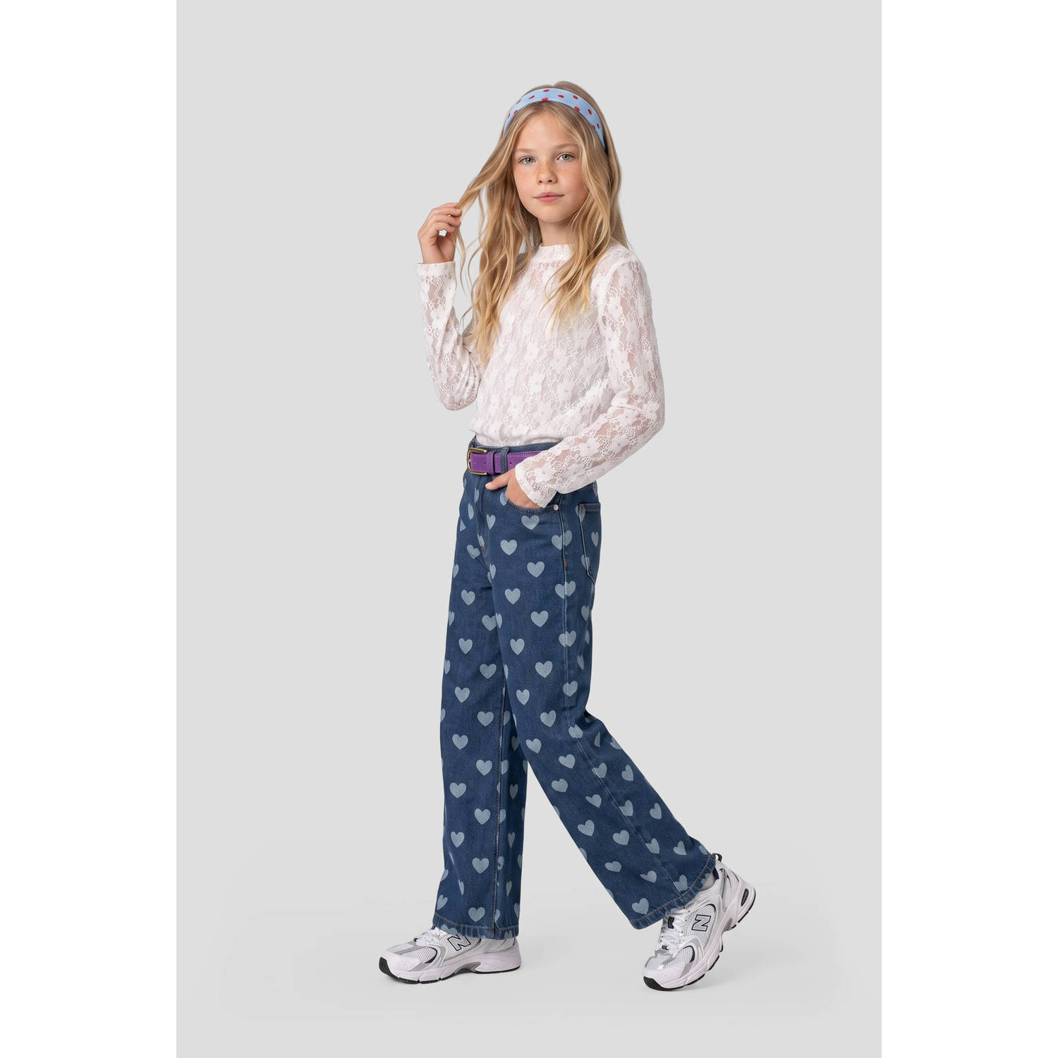 Me & My Monkey loose fit jeans met hartjes donkerblauw