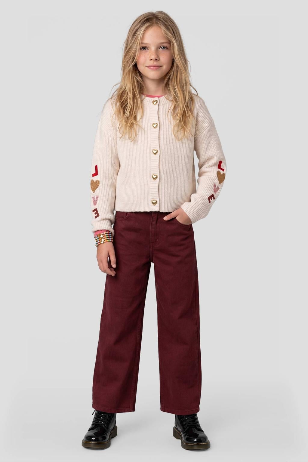 Ecru meisjes Me & My Monkey gebreid vest met lange mouwen, ronde hals, knoopsluiting en borduursels