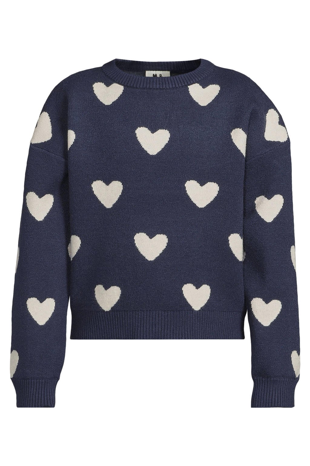 Donkerblauw en witte meisjes Me & My Monkey rechtvallende gebreide trui met hartjesprint, lange mouwen en ronde hals
