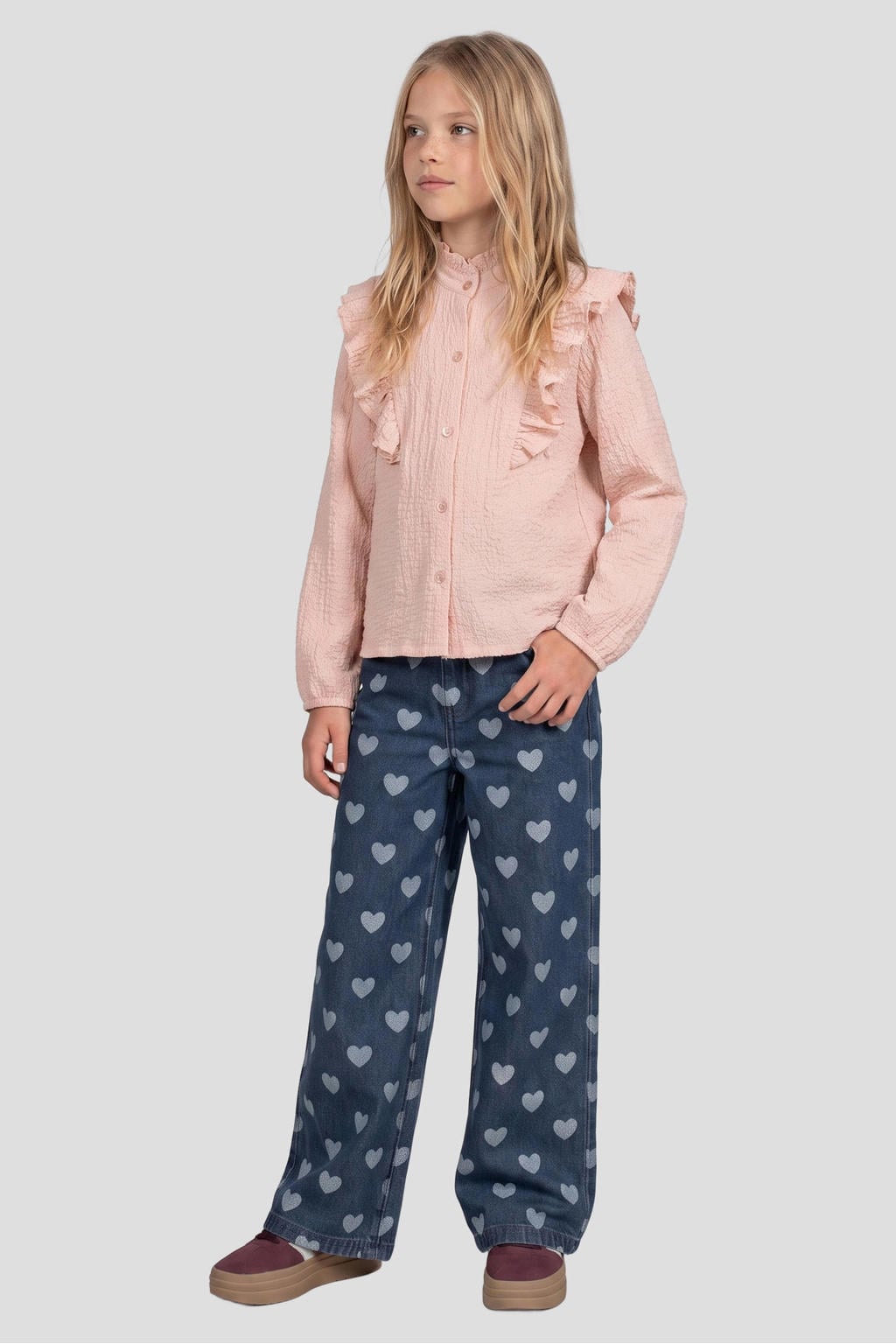 Roze meisjes Me & My Monkey rechtvallende blouse van stretchkatoen met lange mouwen, opstaande kraag, knoopsluiting en ruches