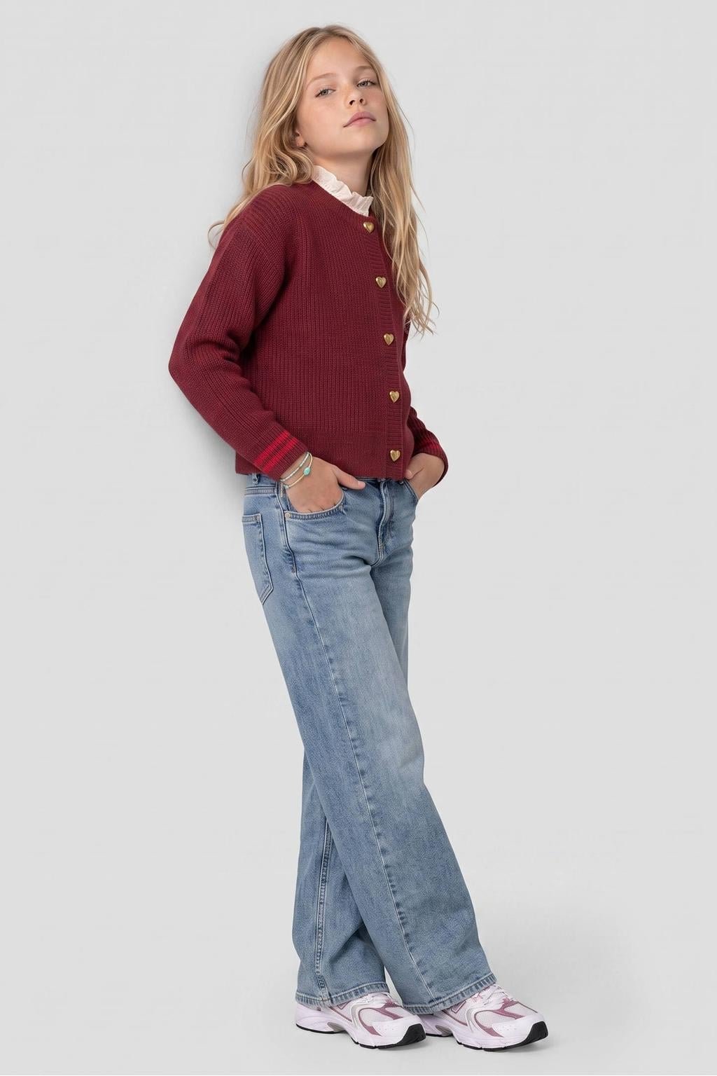 Donkerrode meisjes Me & My Monkey gebreid vest met lange mouwen, ronde hals en knoopsluiting