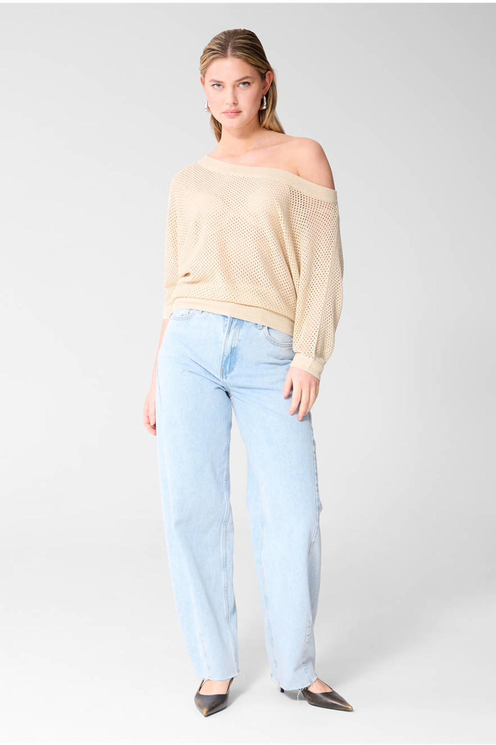 Ecru dames Shoeby top van viscose met effen, driekwart mouwen, boothals en glitters