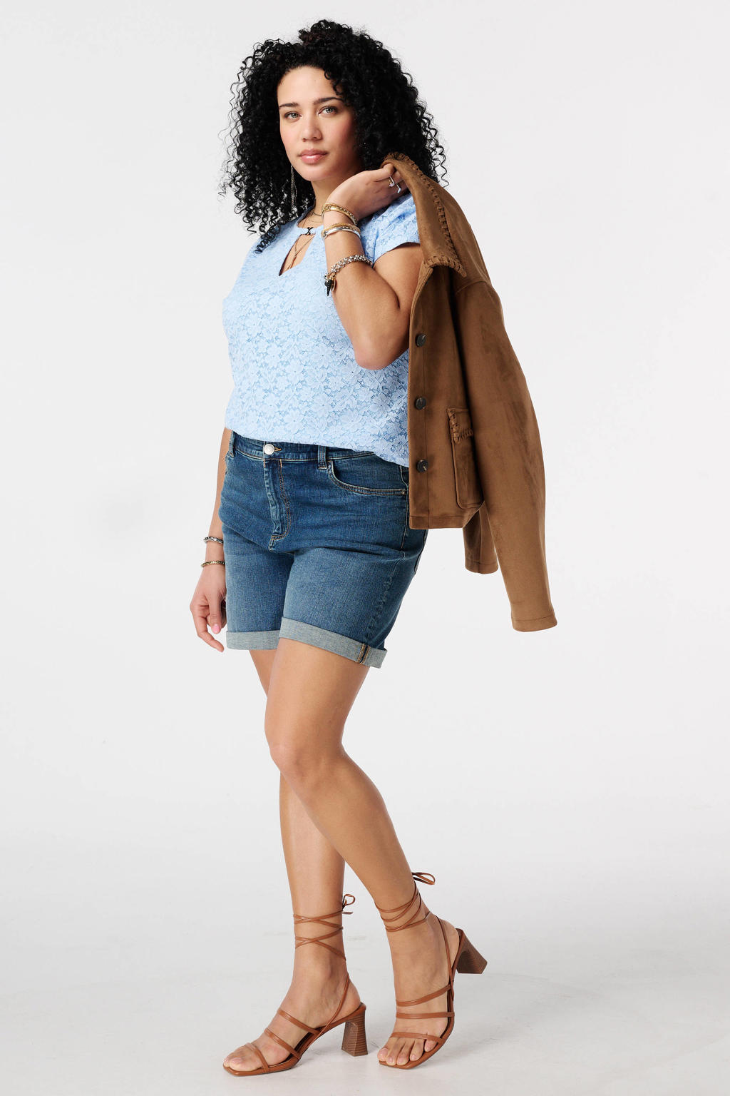 Lichtblauwe dames MS Mode top met effen, korte mouwen en kant