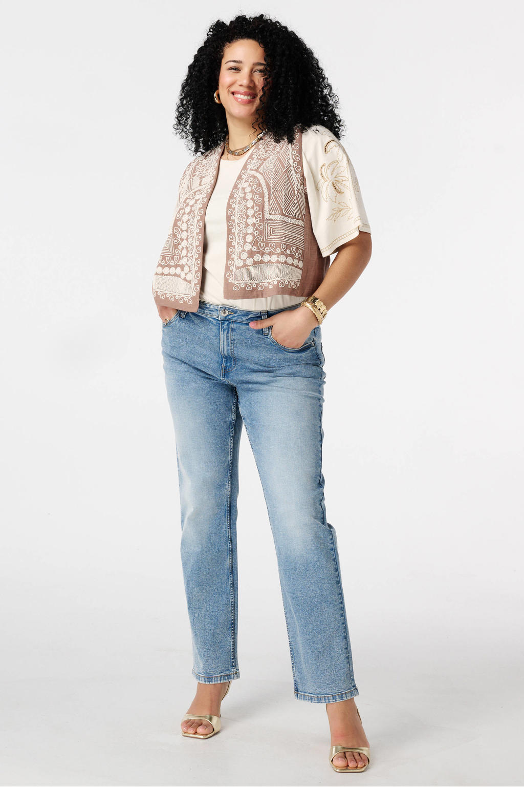 Beige dames MS Mode T-shirt broderie van katoen met effen, korte mouwen en klassieke kraag