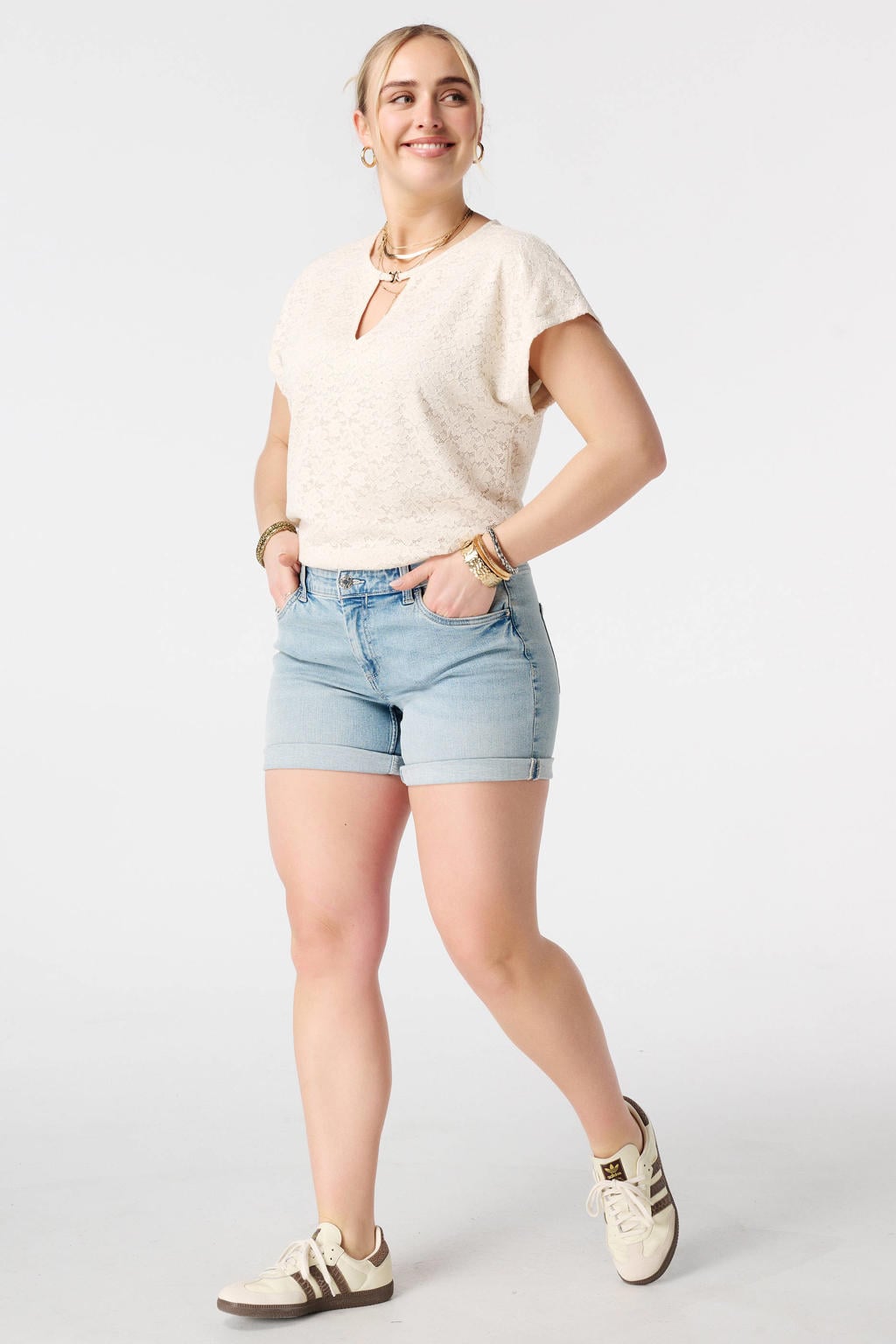 Crème dames MS Mode top crème met effen, korte mouwen en kant