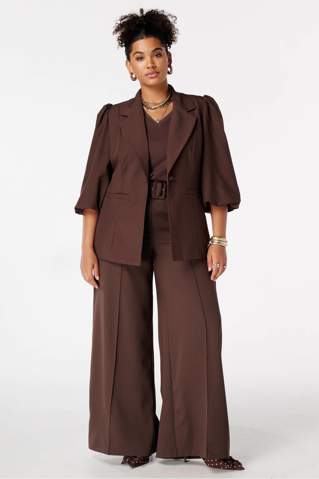 Donkerblauwe dames MS Mode wide leg regular waist pantalon met effen