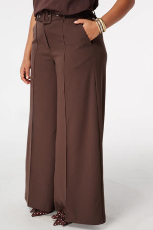 wide leg regular waist pantalon donkerbruin