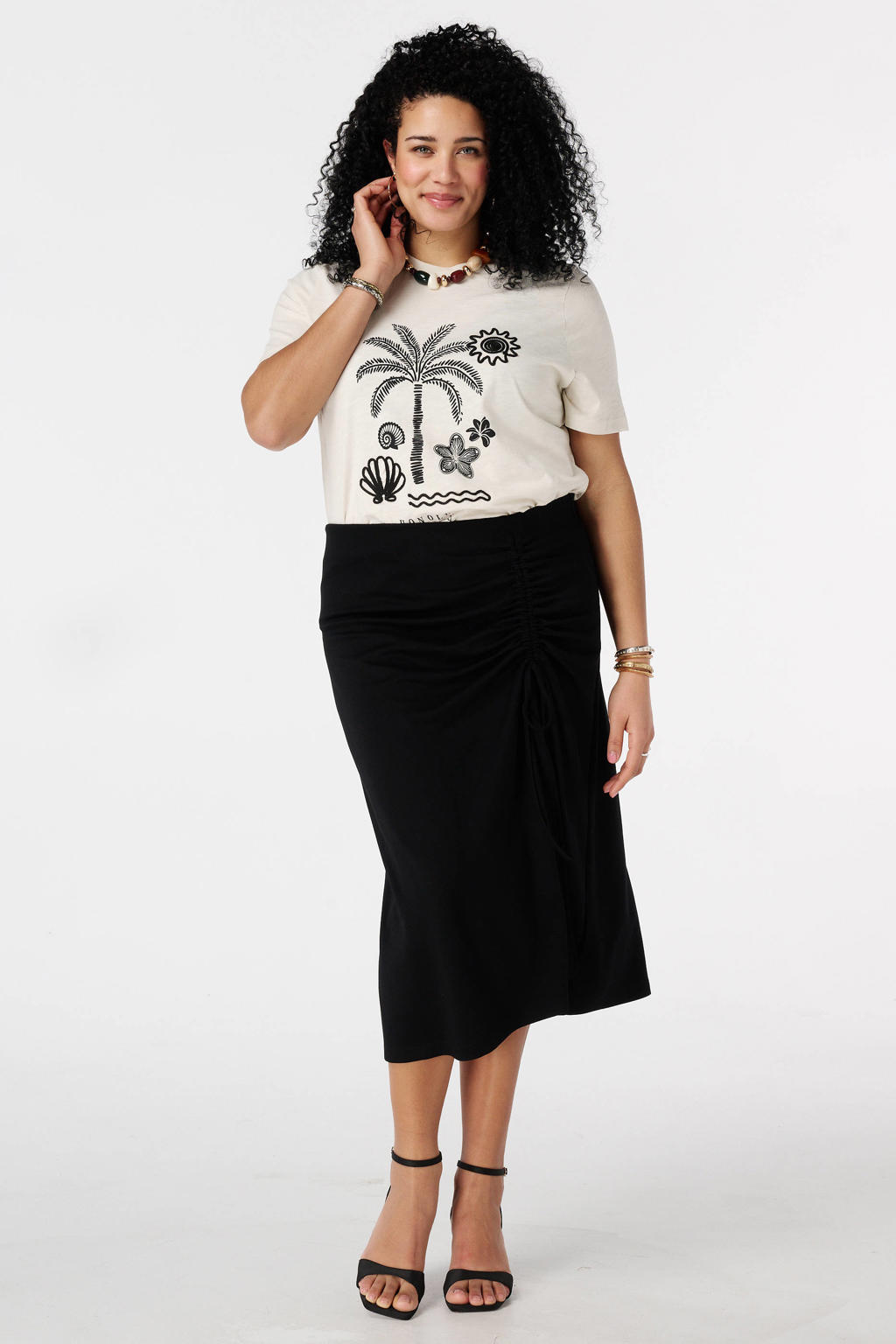 Ecru dames MS Mode T-shirt van katoen met printopdruk, korte mouwen en borduursels
