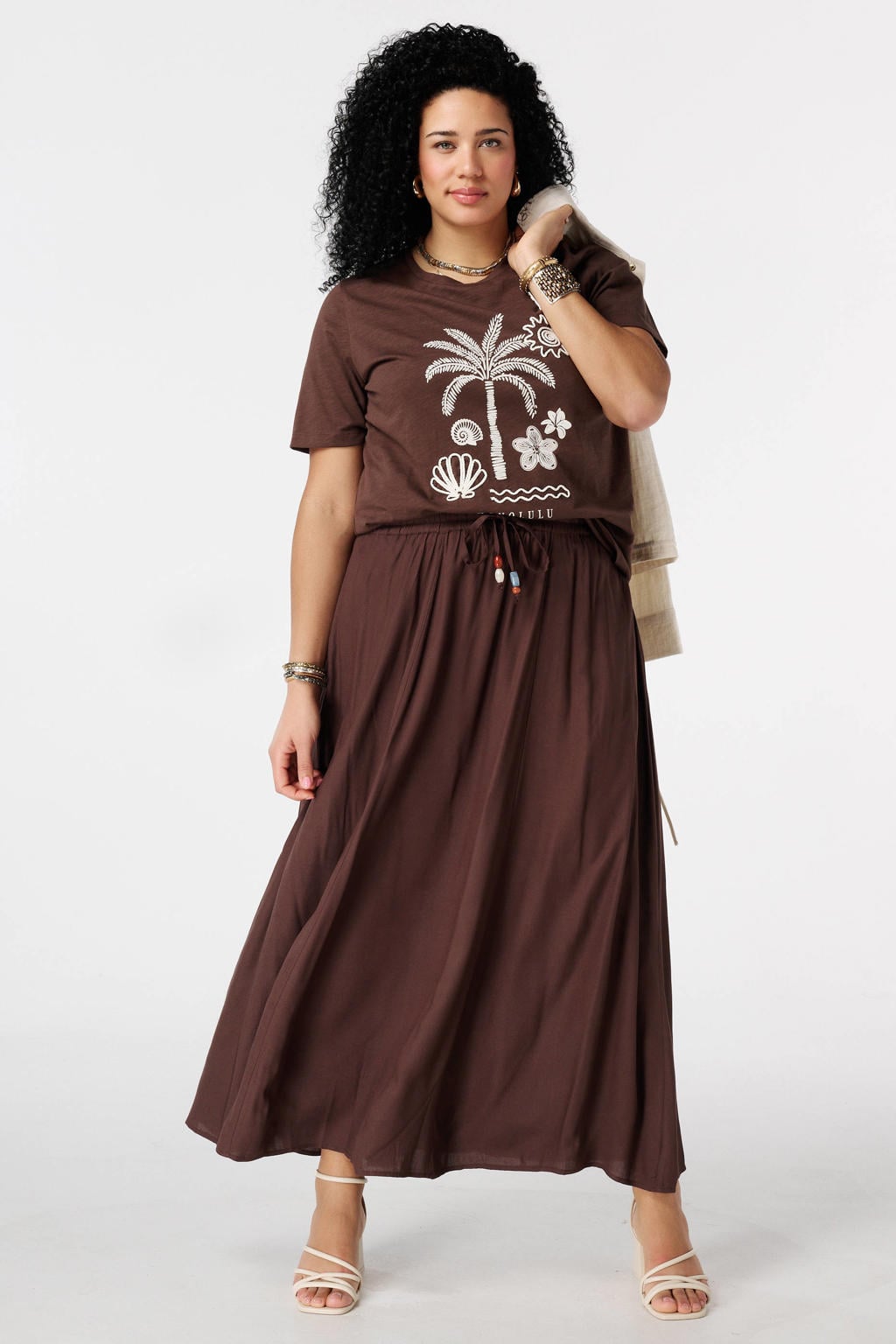 Bruine dames MS Mode T-shirt van katoen met printopdruk, korte mouwen en borduursels