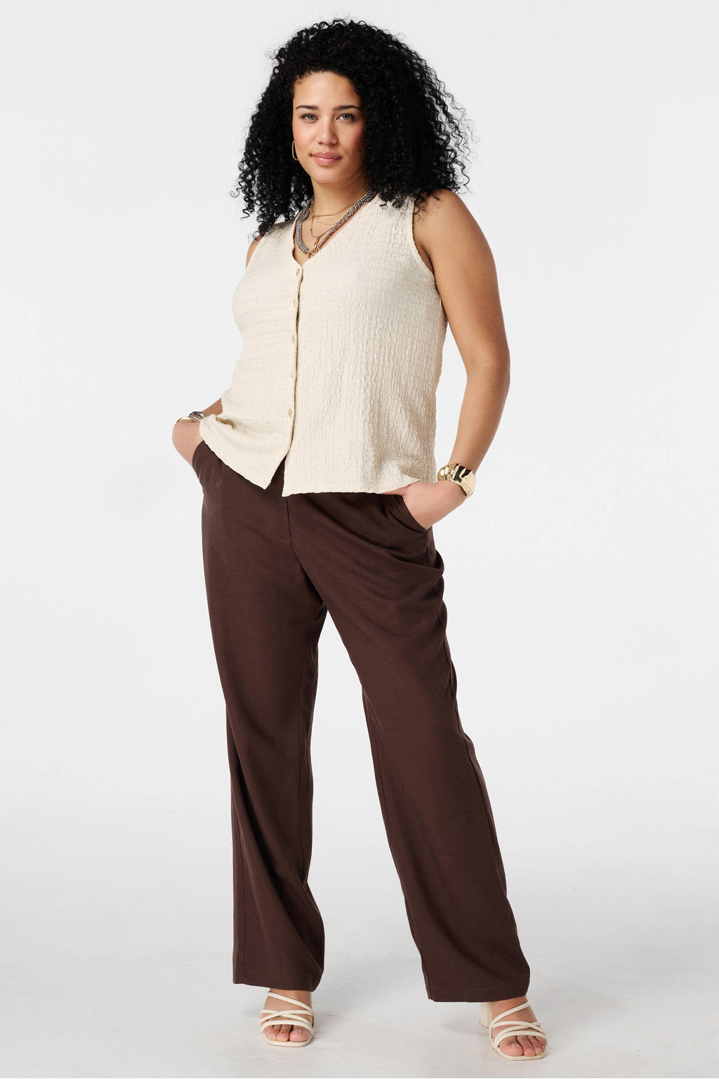 Ecru dames MS Mode aansluitend top Plus Size van polyester met effen en textuur