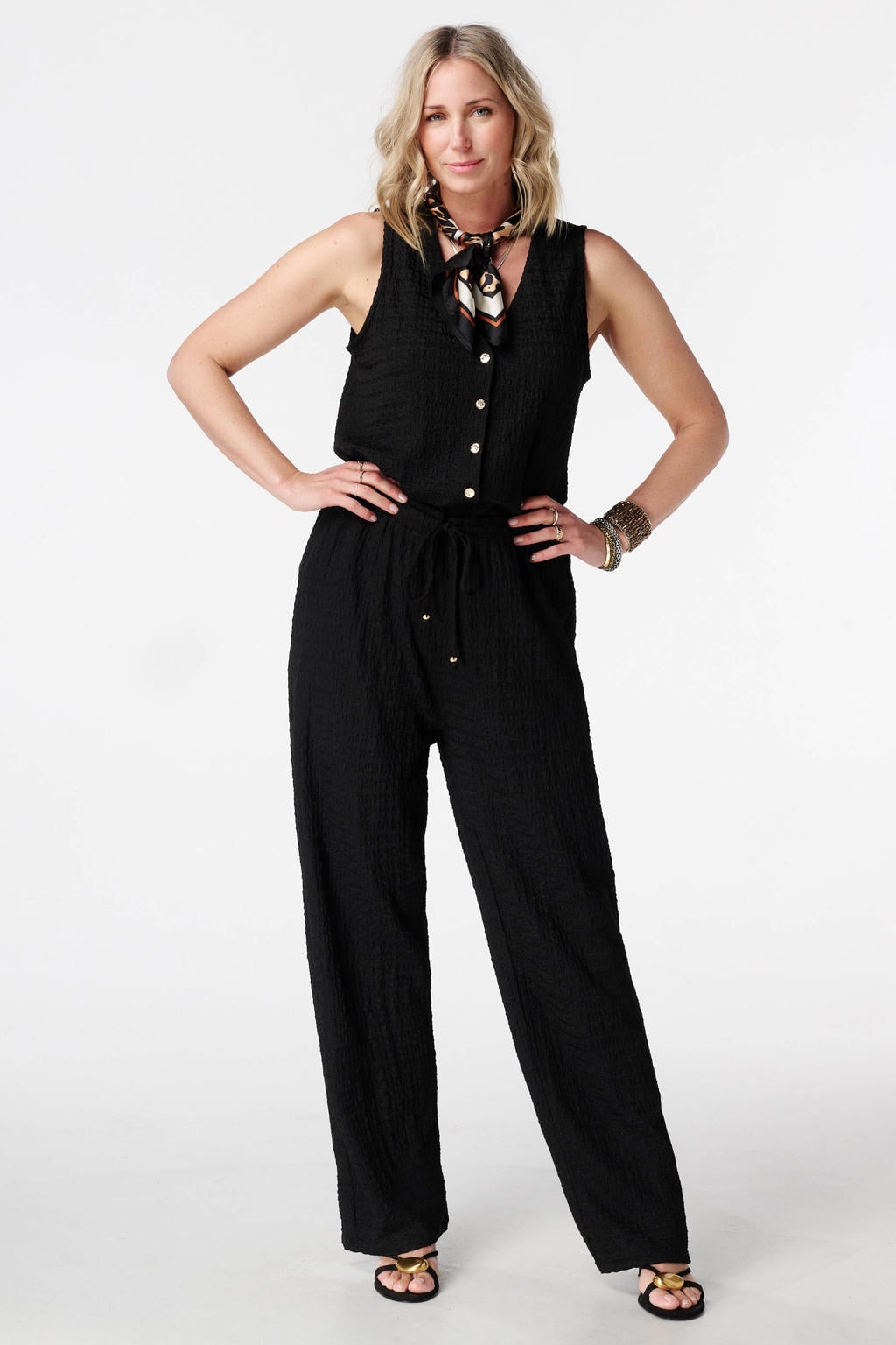 Zwarte dames MS Mode wide leg regular waist broek met elastische tailleband met koord en effen