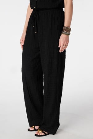 wide leg regular waist broek met textuur zwart