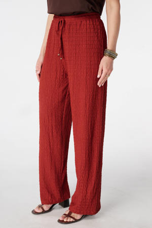 wide leg regular waist broek met textuur donkerrood