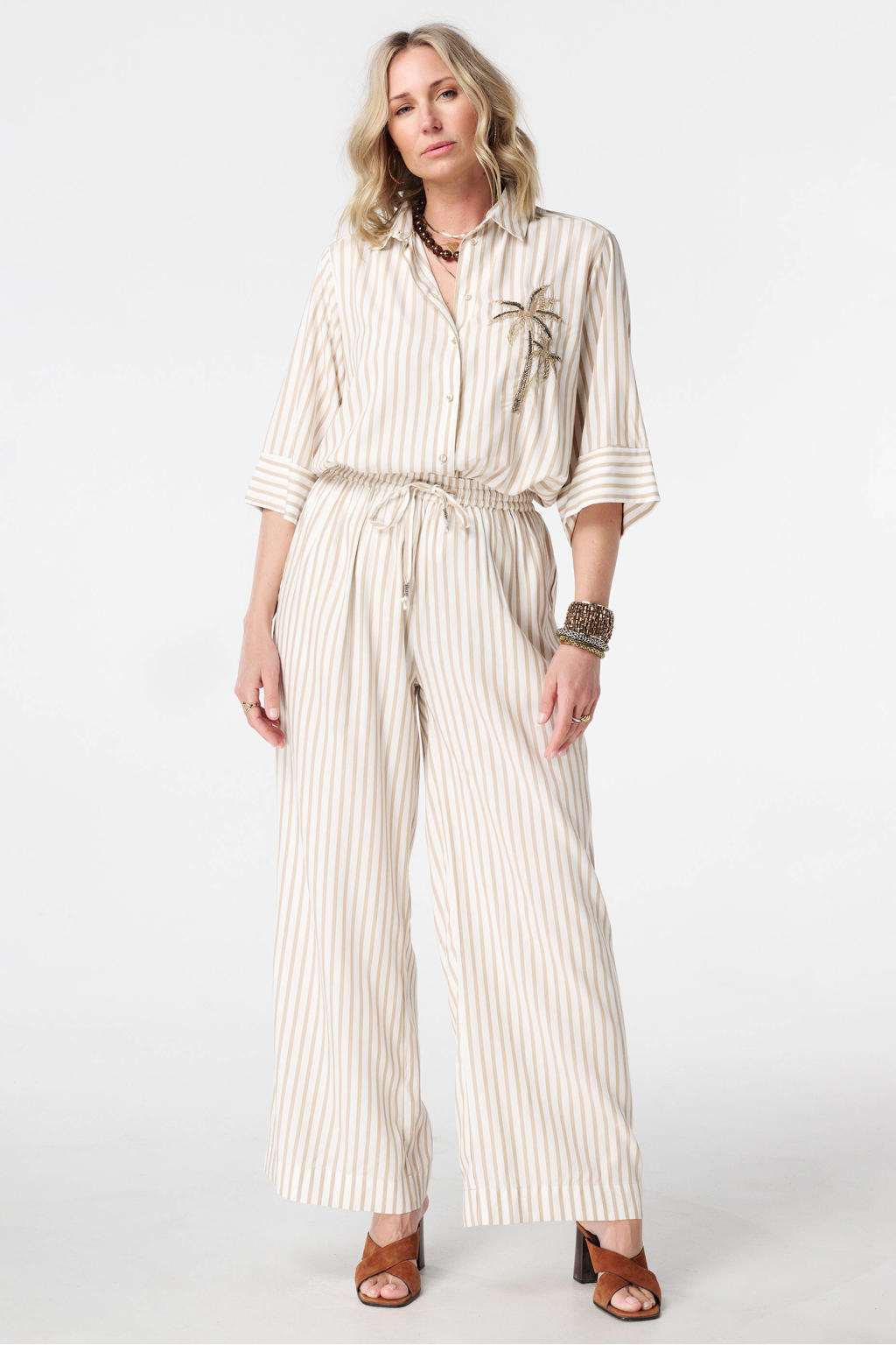 Ecru en zandkleurige dames MS Mode wide leg high waist gestreepte broek van viscose met elastische tailleband met koord