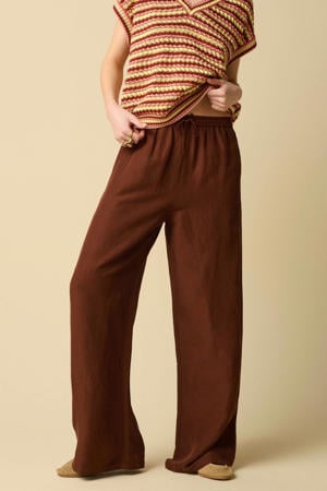regular waist wide leg broek met linnen - donkerbruin