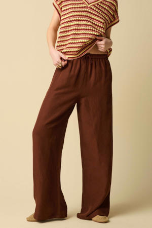 regular waist wide leg broek met linnen - donkerbruin
