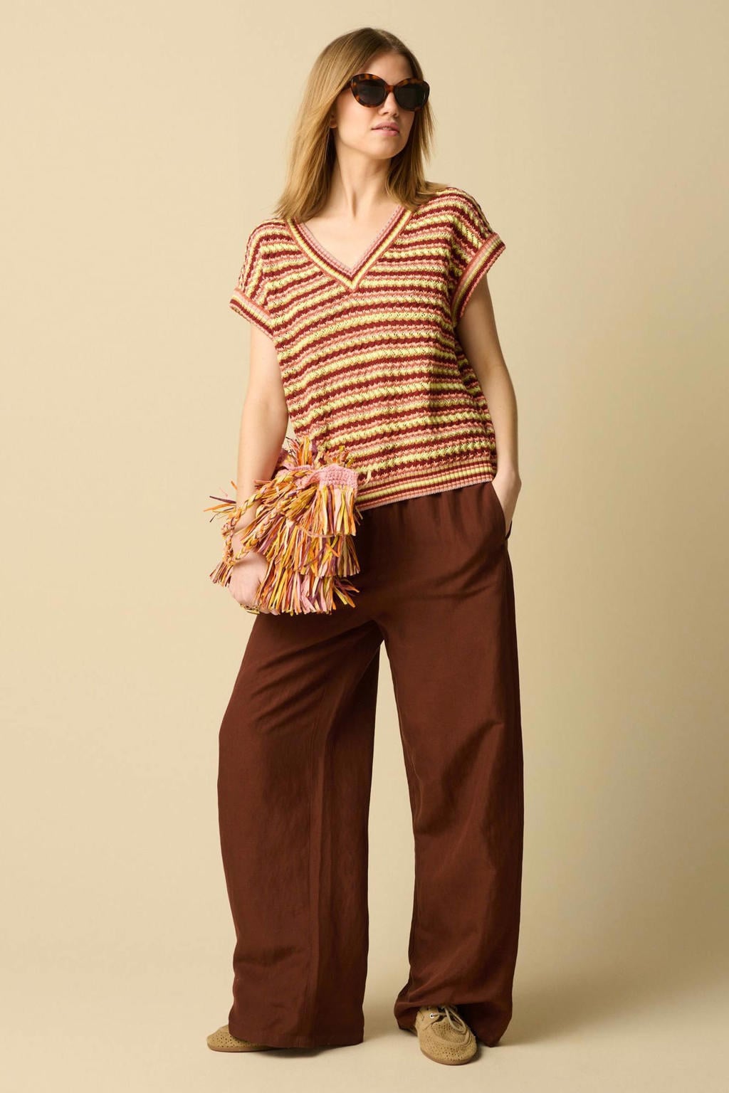 Sissy-Boy regular waist wide leg broek met linnen - donkerbruin
