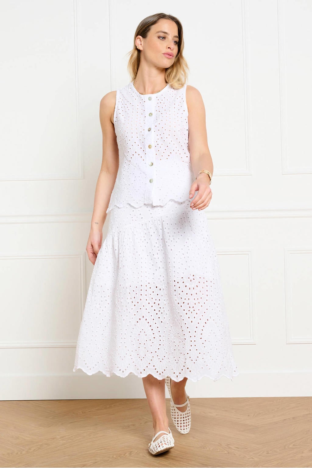 Ecru dames LOLALIZA midi rok broderie gemaakt van katoen en met elastische tailleband