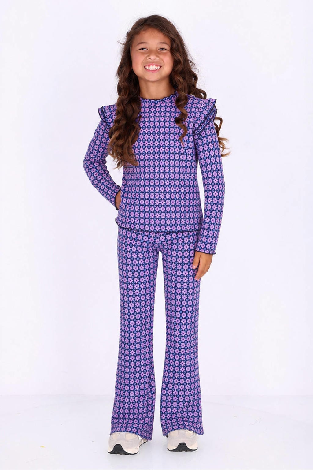 Paarse meisjes B.Nosy aansluitende longsleeve en print van polyester met lange mouwen, ronde hals en ruches