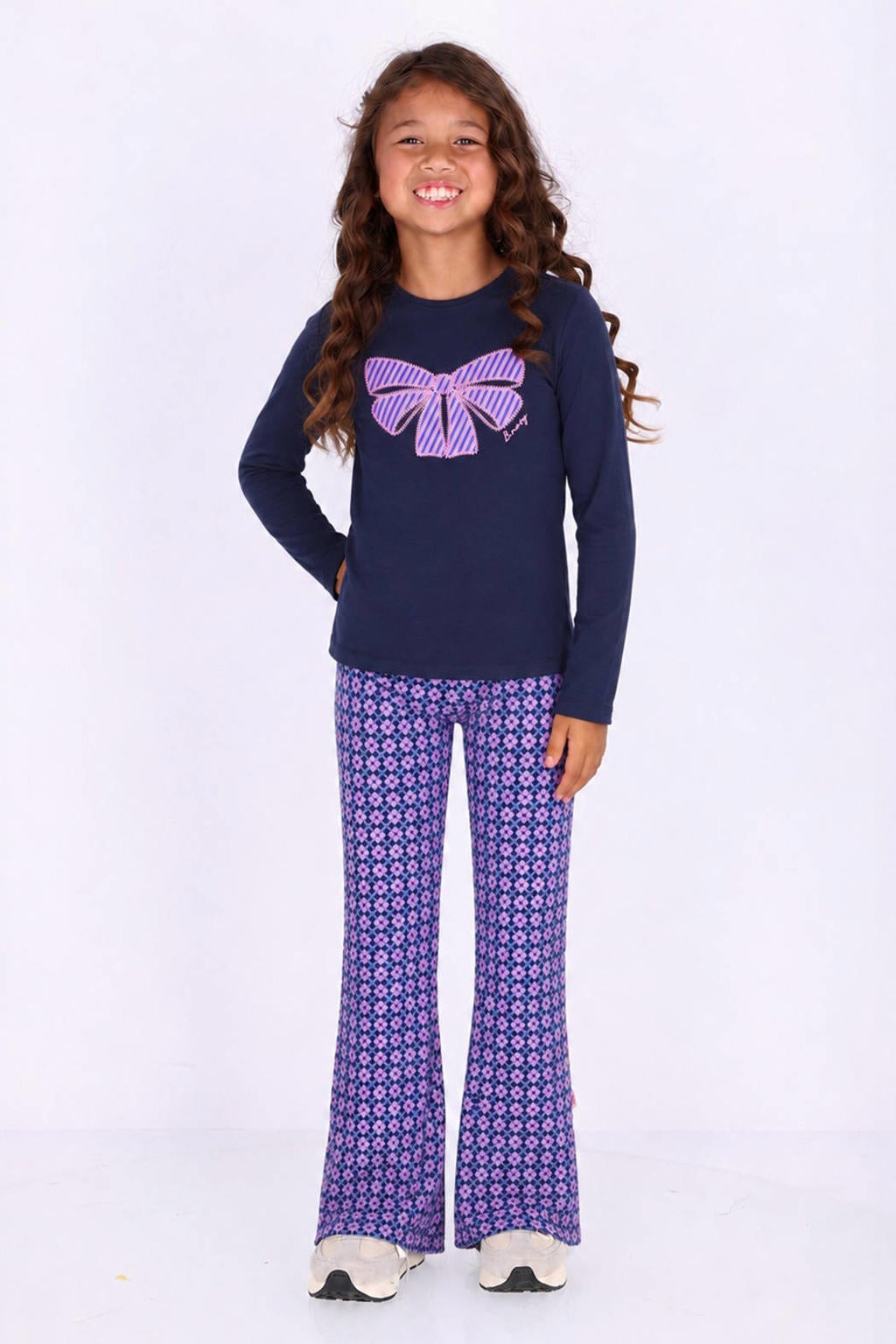 Donkerblauwe meisjes B.Nosy aansluitende longsleeve van stretchkatoen met printopdruk, lange mouwen en ronde hals