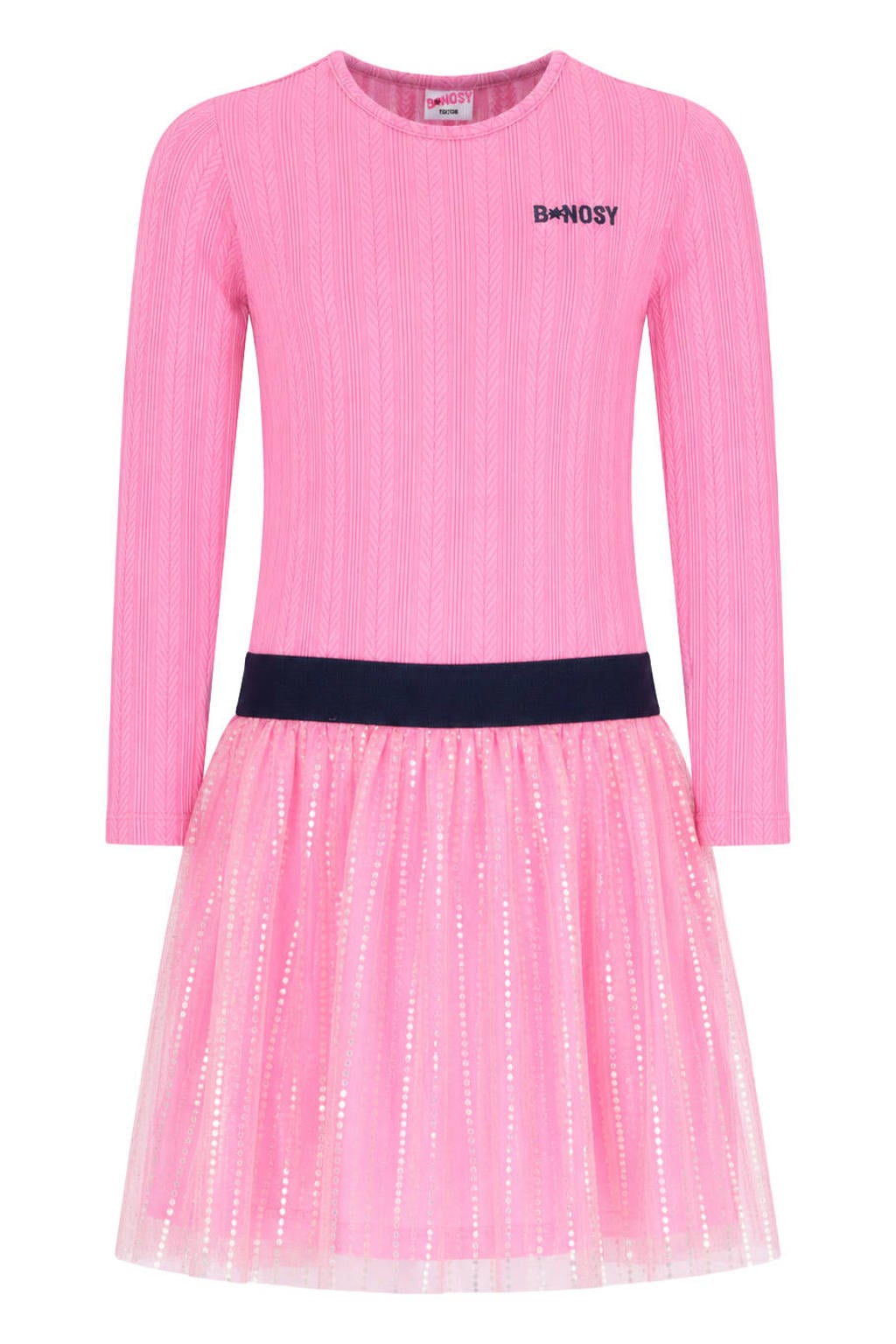 Roze meisjes B.Nosy midi jurk van polyester met effen, lange mouwen, ronde hals en elastische tailleband