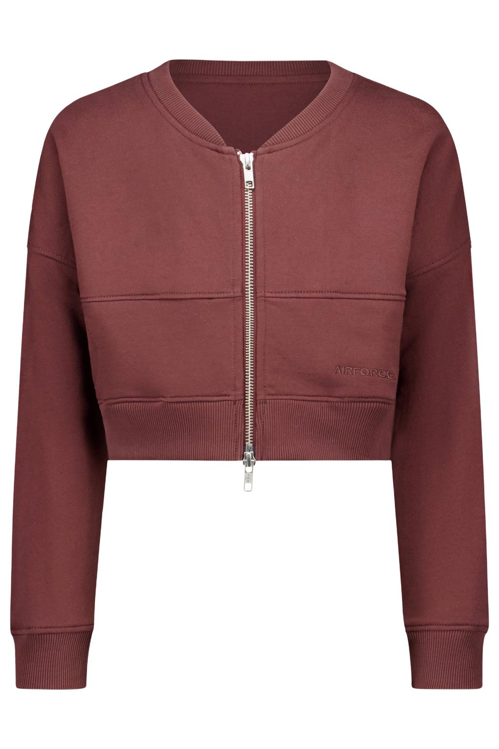 Donkerrode meisjes Airforce sweatvest met effen, lange mouwen, ronde hals en ritssluiting