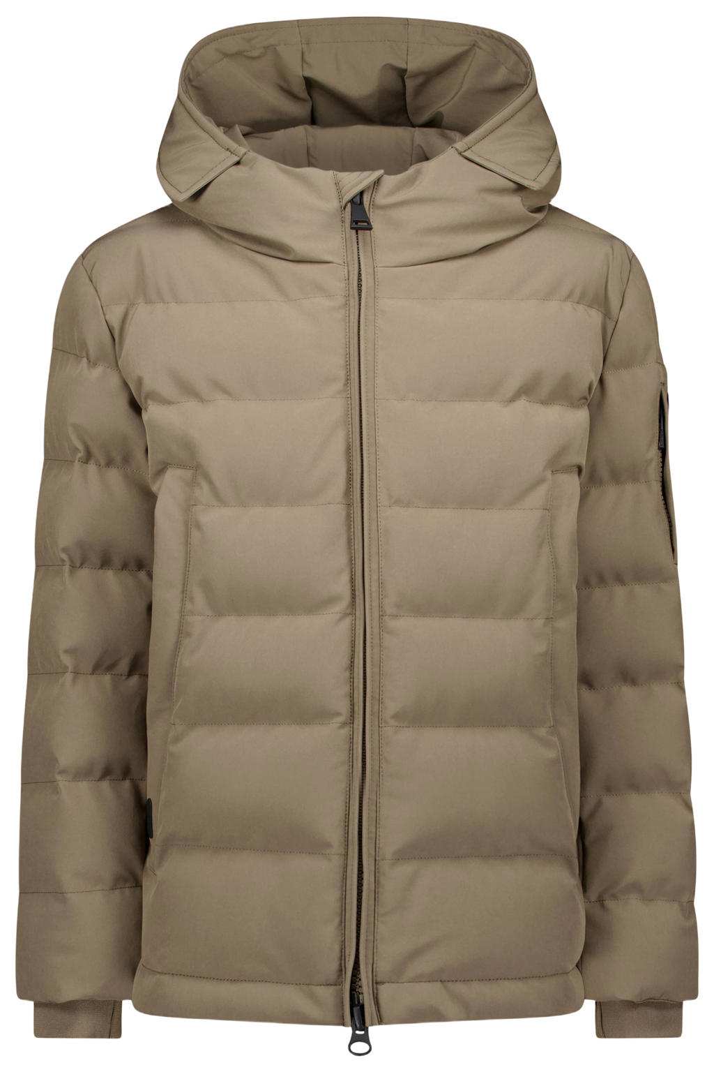 Zandkleurige jongens Airforce winterjas van polyester met effen, lange mouwen, capuchon, ritssluiting en geribde boorden