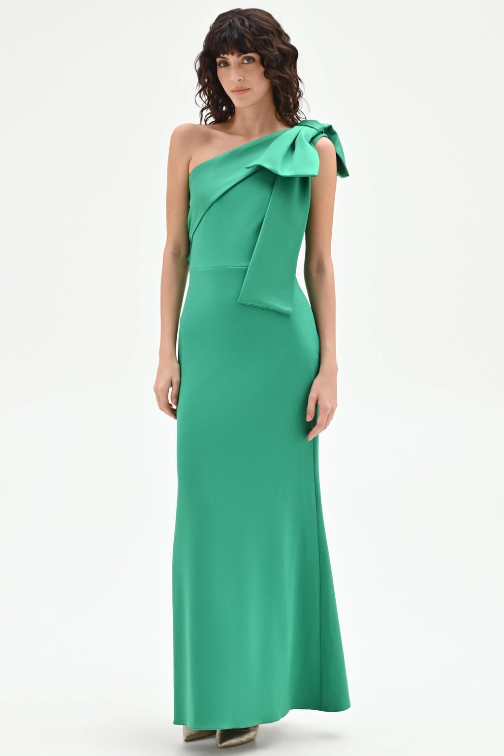 Groene dames Rinascimento one shoulder maxi jurk van polyester met effen en strikje