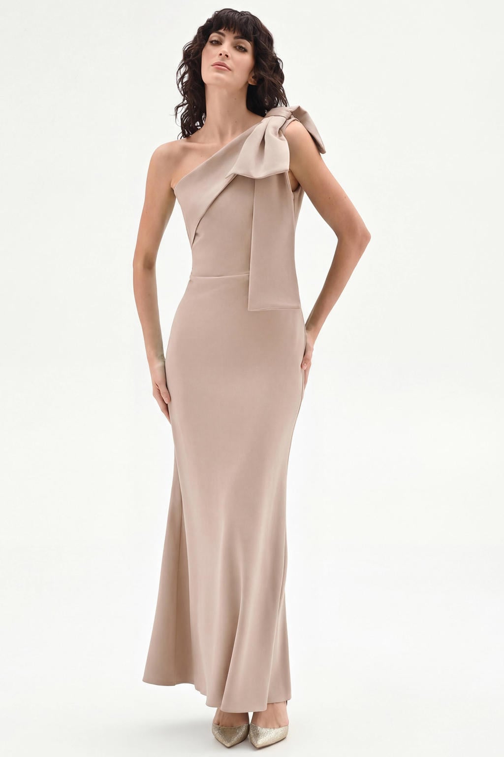 Beige dames Rinascimento maxi jurk van polyester met effen, one shoulder en ritssluiting