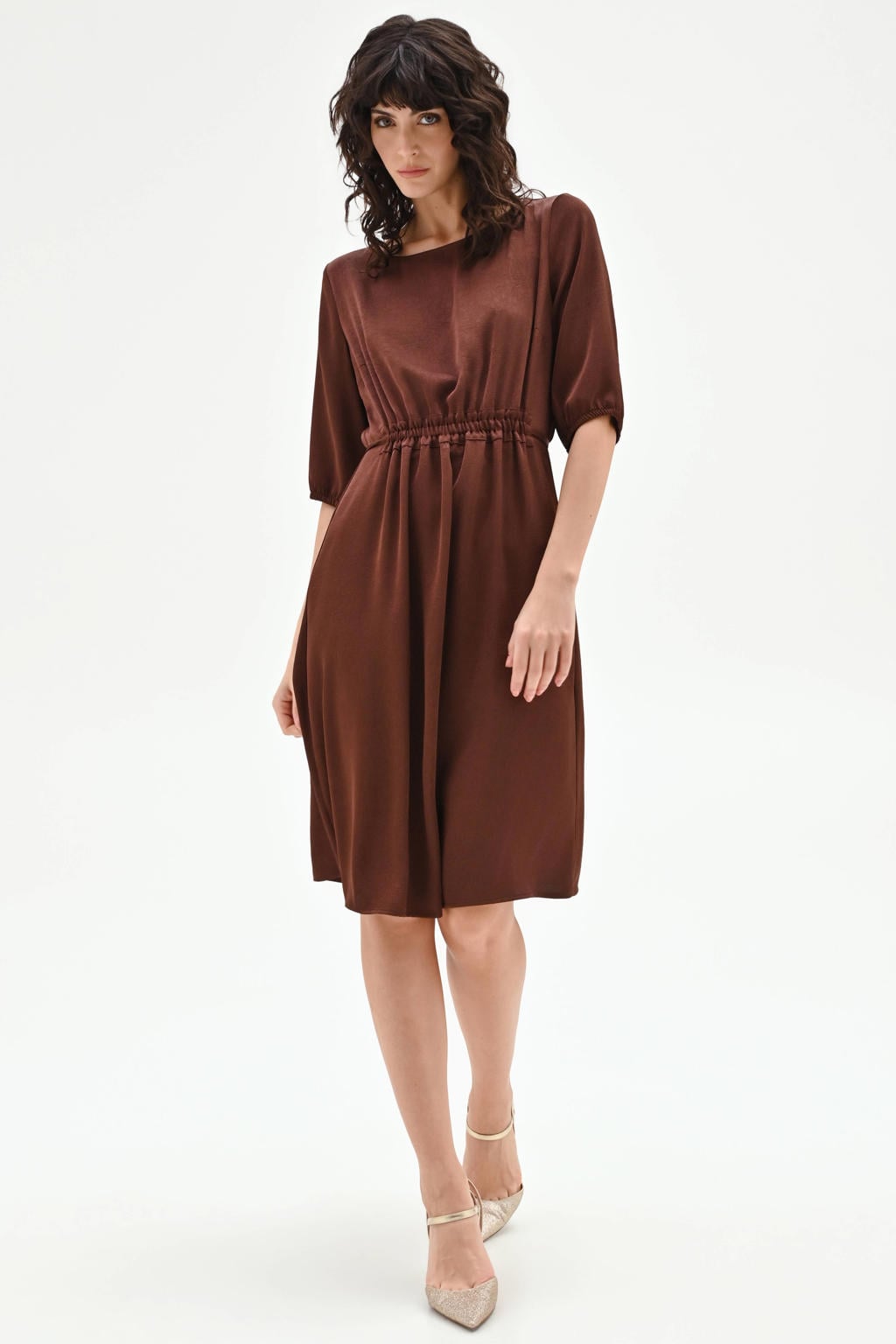Bruine dames Rinascimento midi jurk van polyester met effen, korte mouwen, ronde hals en elastische tailleband
