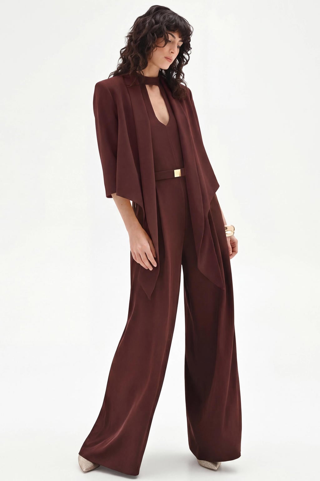 Bruine dames Rinascimento blazer van polyester met effen, lange mouwen, klassieke kraag en knoopsluiting