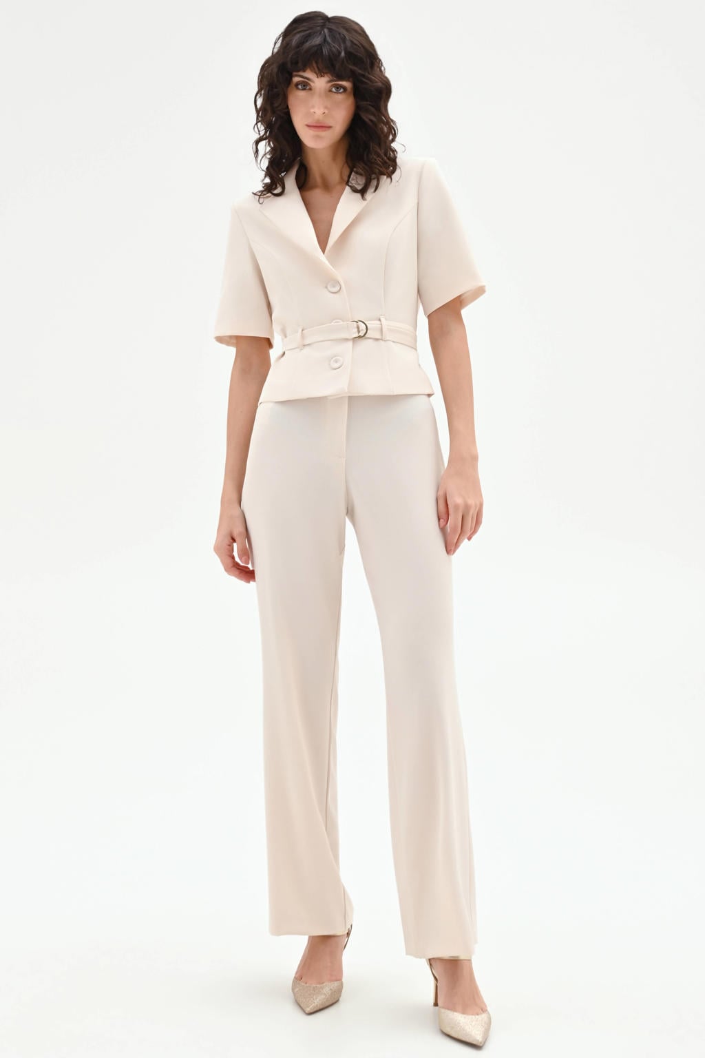 Beige dames Rinascimento getailleerde blazer van polyester met effen, lange mouwen, reverskraag en knoopsluiting
