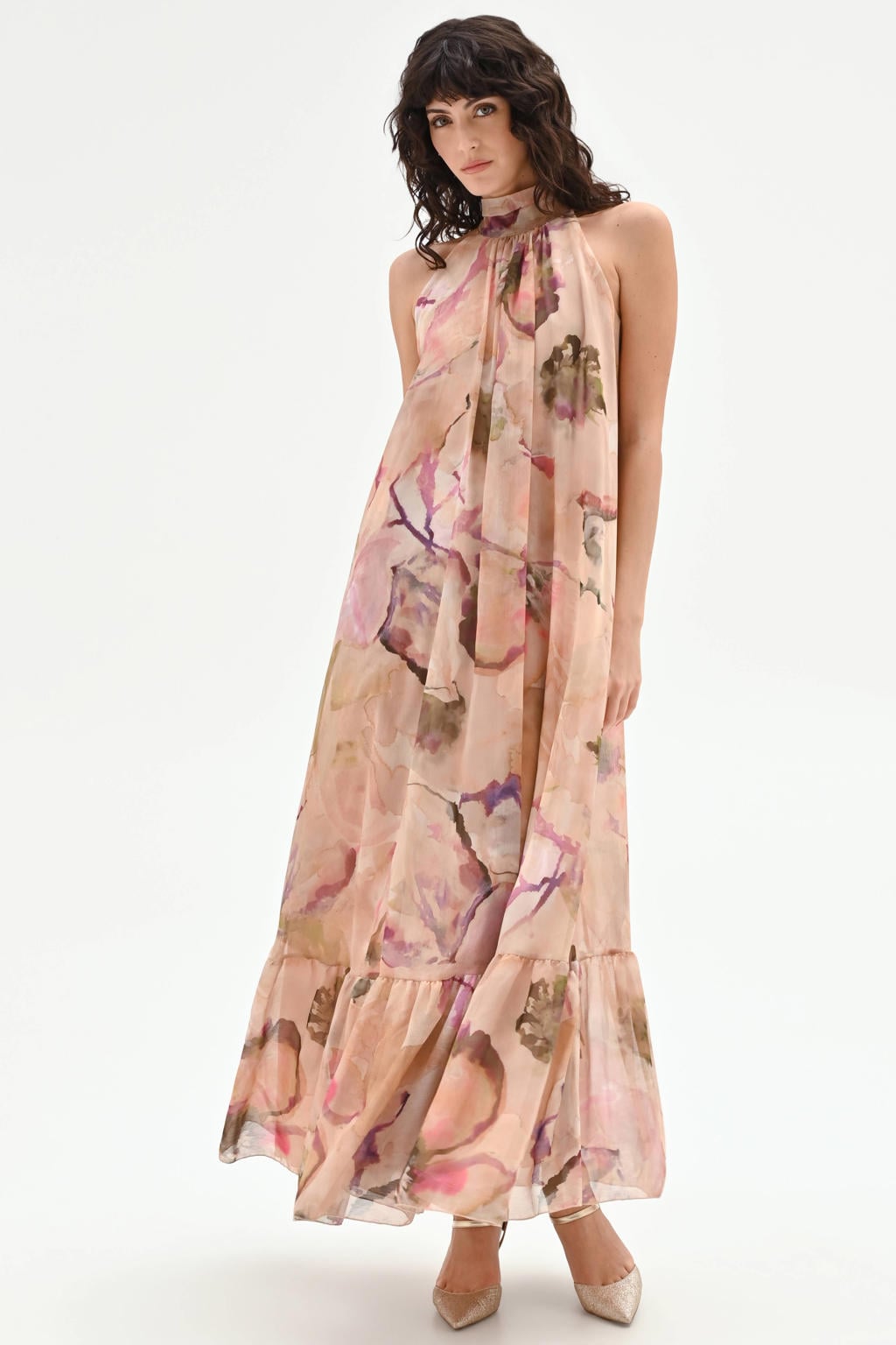 Lichtroze, donkergroen en paarse dames Rinascimento maxi jurk van polyester met halterkraag en striksluiting